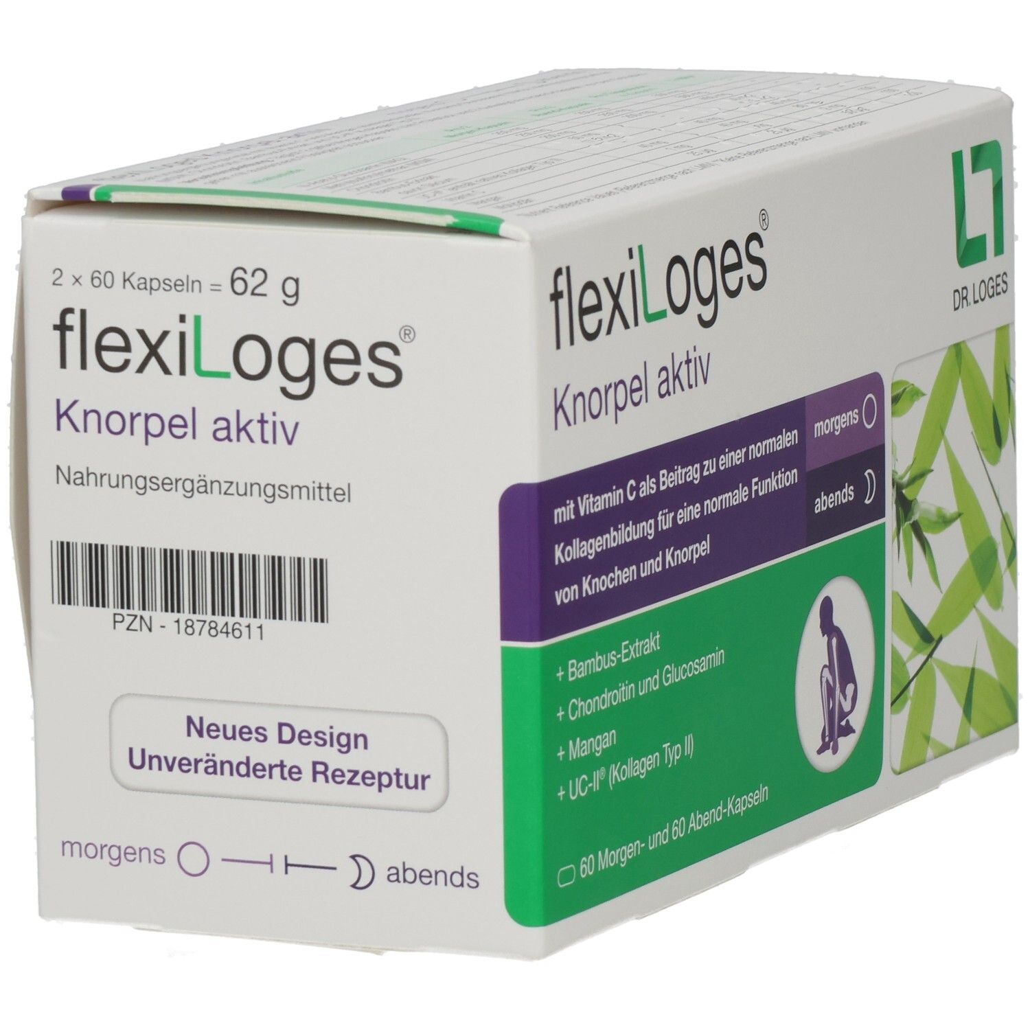 Weiß-grüne Schachtel flexiLoges Knorpel aktiv. Enthält 2x60 Kapseln. Aufdrucke: Vitamin C, Bambus-Extrakt, Chondroitin, „Neues Design“.