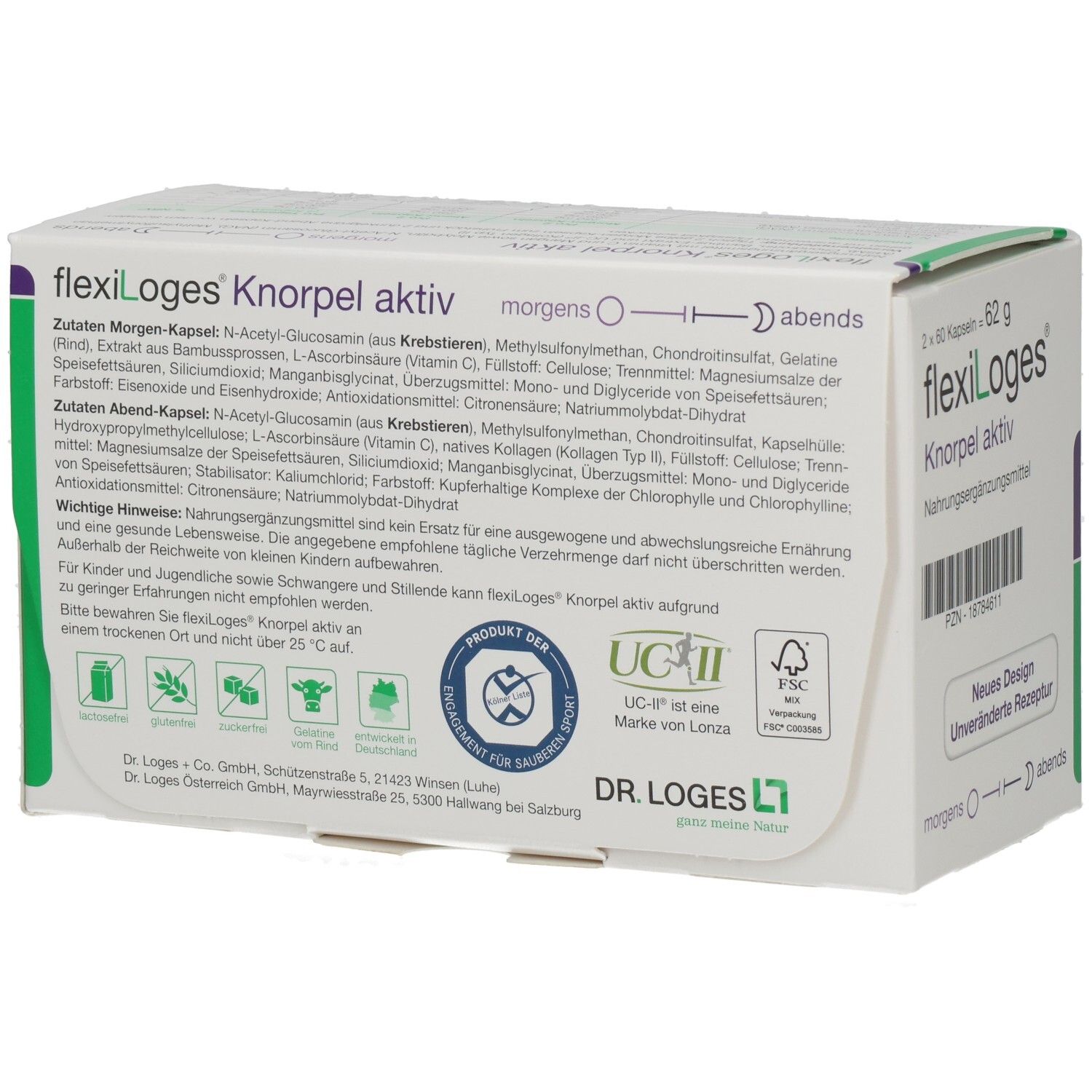 Rückseite der weißen und grünen Schachtel flexiLoges Knorpel aktiv. Enthält Informationen zu Inhaltsstoffen und Zertifizierungen.