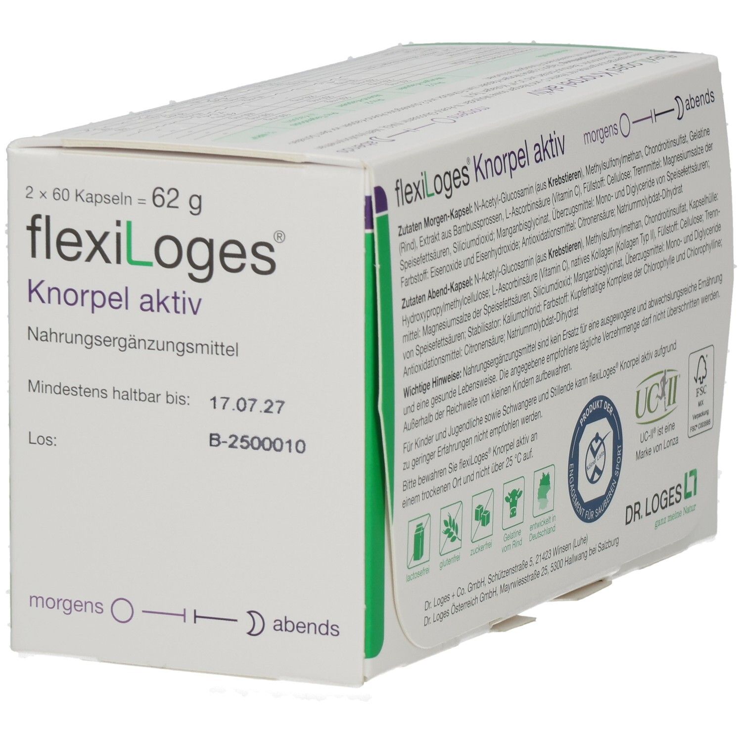 Weiße und grüne Schachtel flexiLoges Knorpel aktiv. Enthält 2x60 Kapseln. Mindesthaltbarkeit 17.07.27. Aufdrucke: Inhaltsstoffe, Zertifizierungen.