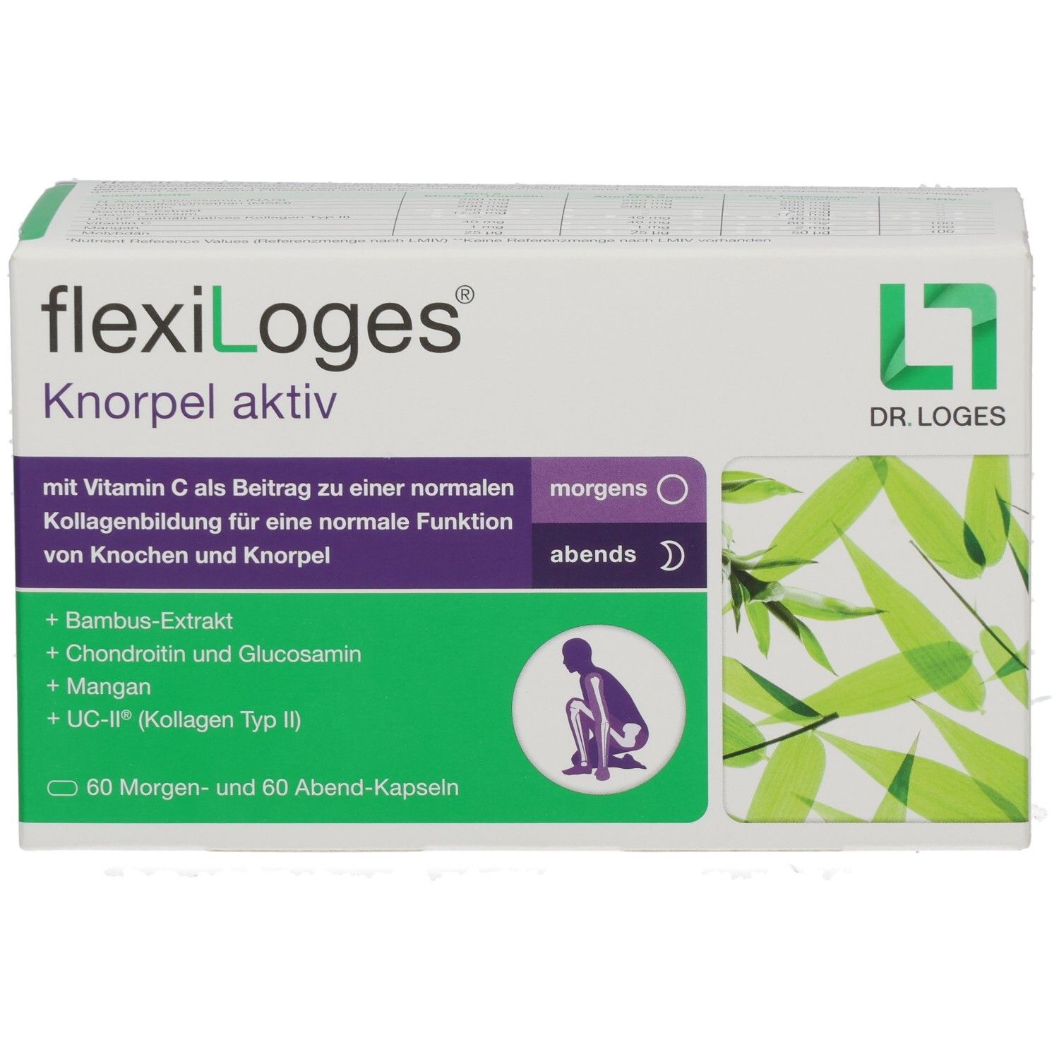 Weiße und grüne Schachtel flexiLoges Knorpel aktiv. Enthält 60 Morgen- und 60 Abend-Kapseln. Aufdrucke: Vitamin C, Bambus-Extrakt, Chondroitin.