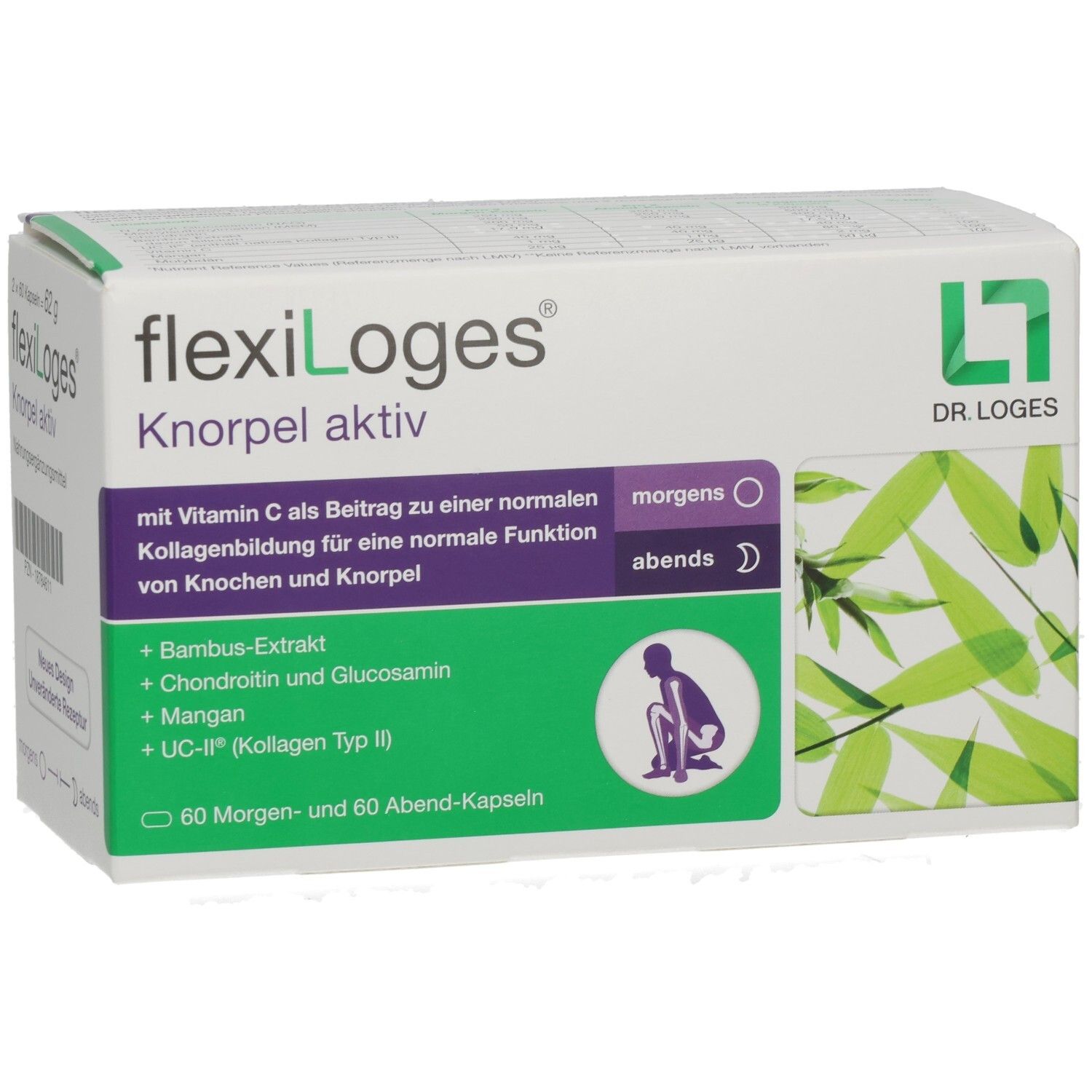 Weiße und grüne Schachtel flexiLoges Knorpel aktiv. Enthält 60 Morgen- und 60 Abend-Kapseln. Aufdrucke: Vitamin C, Bambus-Extrakt, Chondroitin.