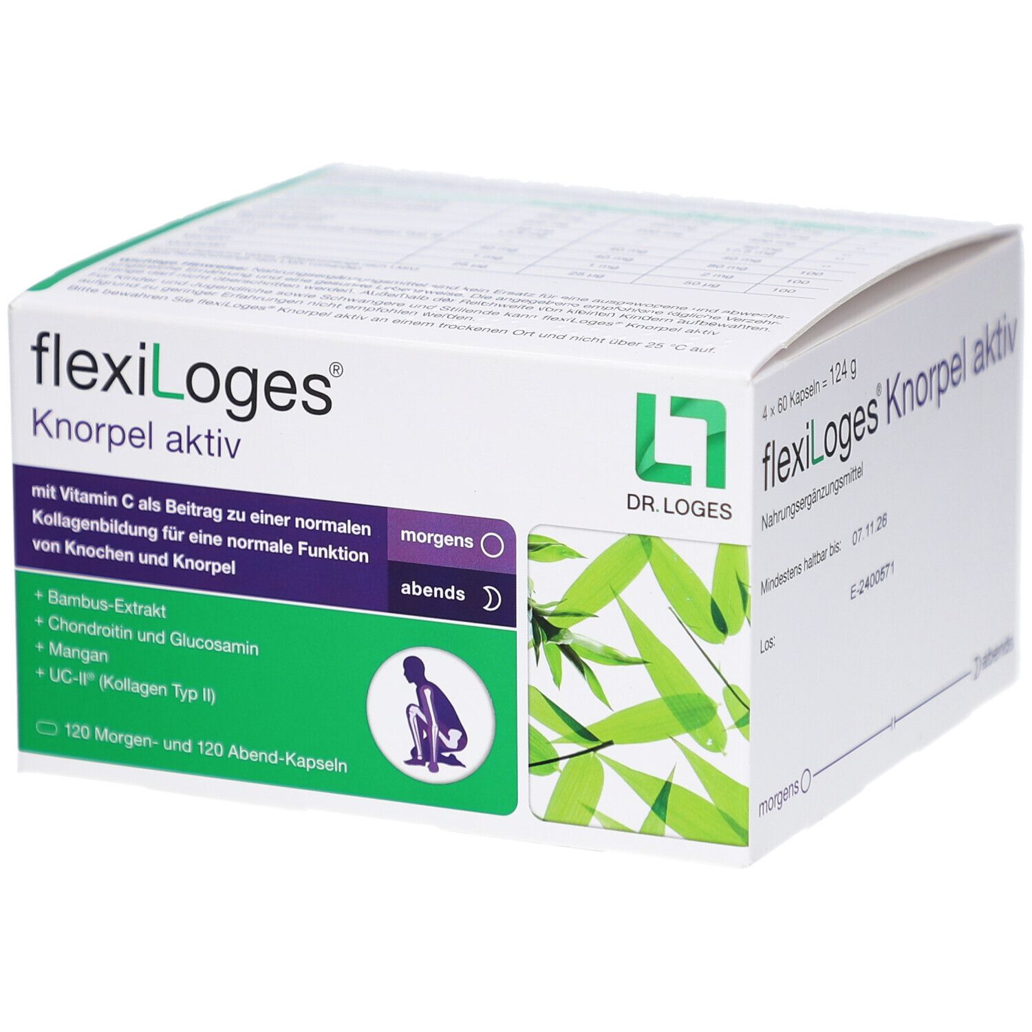 Verpackung von flexiLoges Knorpel aktiv. Grün-weiße Schachtel mit Produktinformationen und Logo. Enthält 120 Morgen- und 120 Abend-Kapseln.