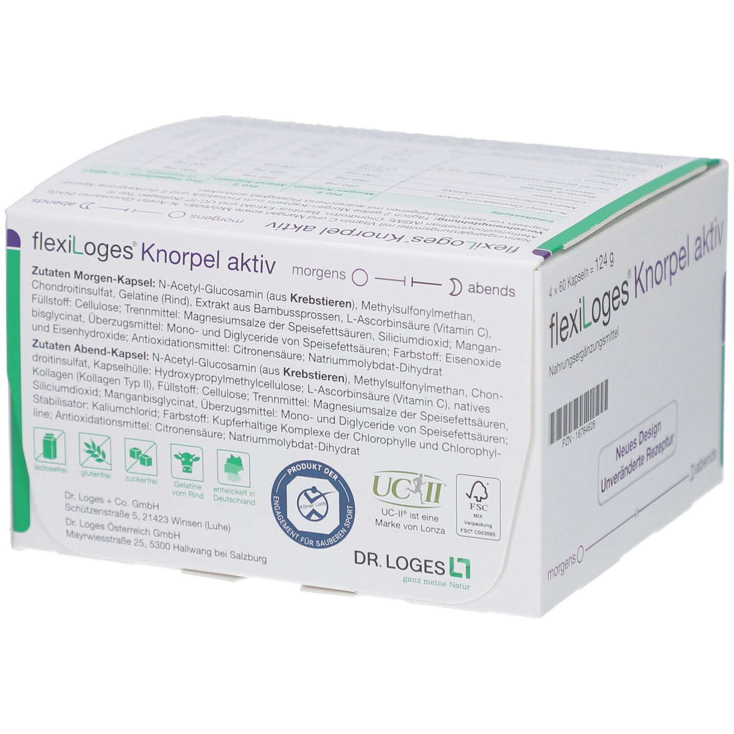 Rückseite der flexiLoges Knorpel aktiv Verpackung. Enthält Zutatenlisten und Zertifizierungen. Weiße Schachtel mit grünen und blauen Elementen.