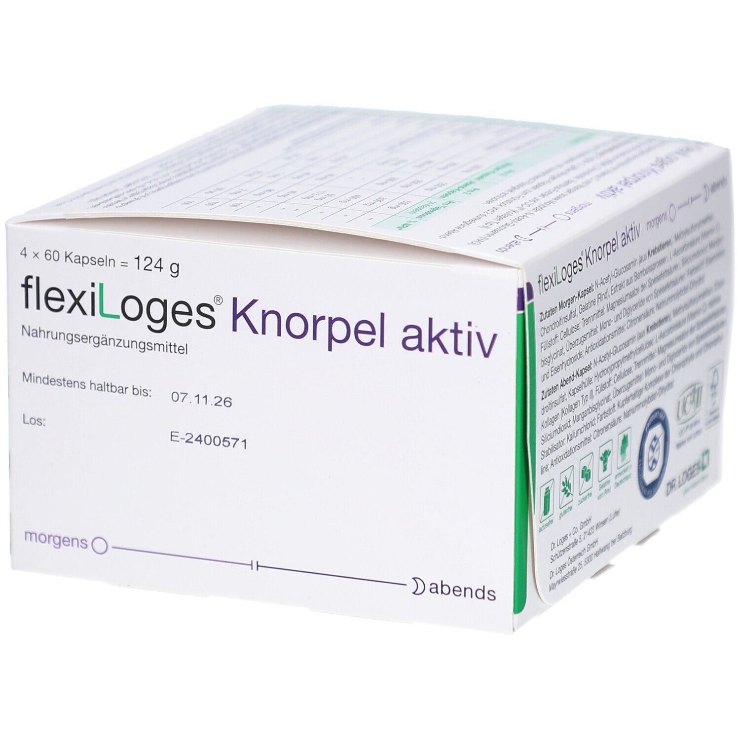 flexiLoges Knorpel aktiv Verpackung. Weiße Schachtel mit grünen Akzenten. Mindesthaltbarkeitsdatum: 07.11.26. Enthält 4x60 Kapseln.