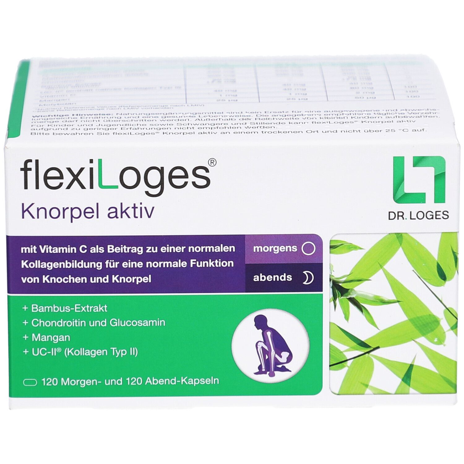 flexiLoges Knorpel aktiv Verpackung. Grün-weiße Schachtel mit Produktinformationen und Logo. Enthält 120 Morgen- und 120 Abend-Kapseln.