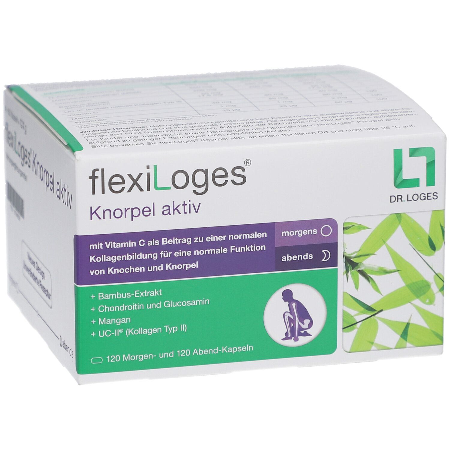 flexiLoges Knorpel aktiv Verpackung. Grün-weiße Schachtel mit Produktinformationen und Logo. Enthält 120 Morgen- und 120 Abend-Kapseln.