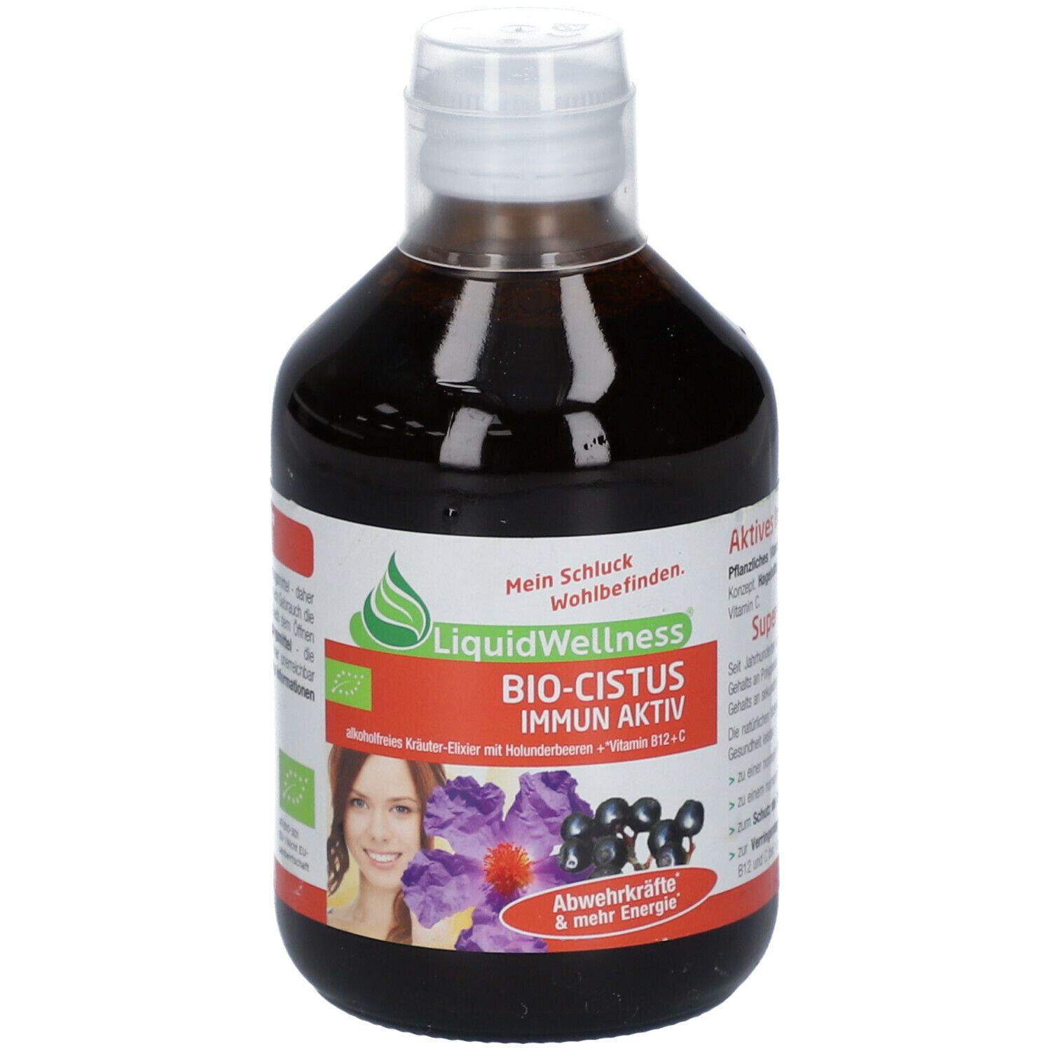 Braune Flüssigkeit in einer Flasche mit weißem Deckel. Etikett mit Produktnamen, Illustrationen und Text.