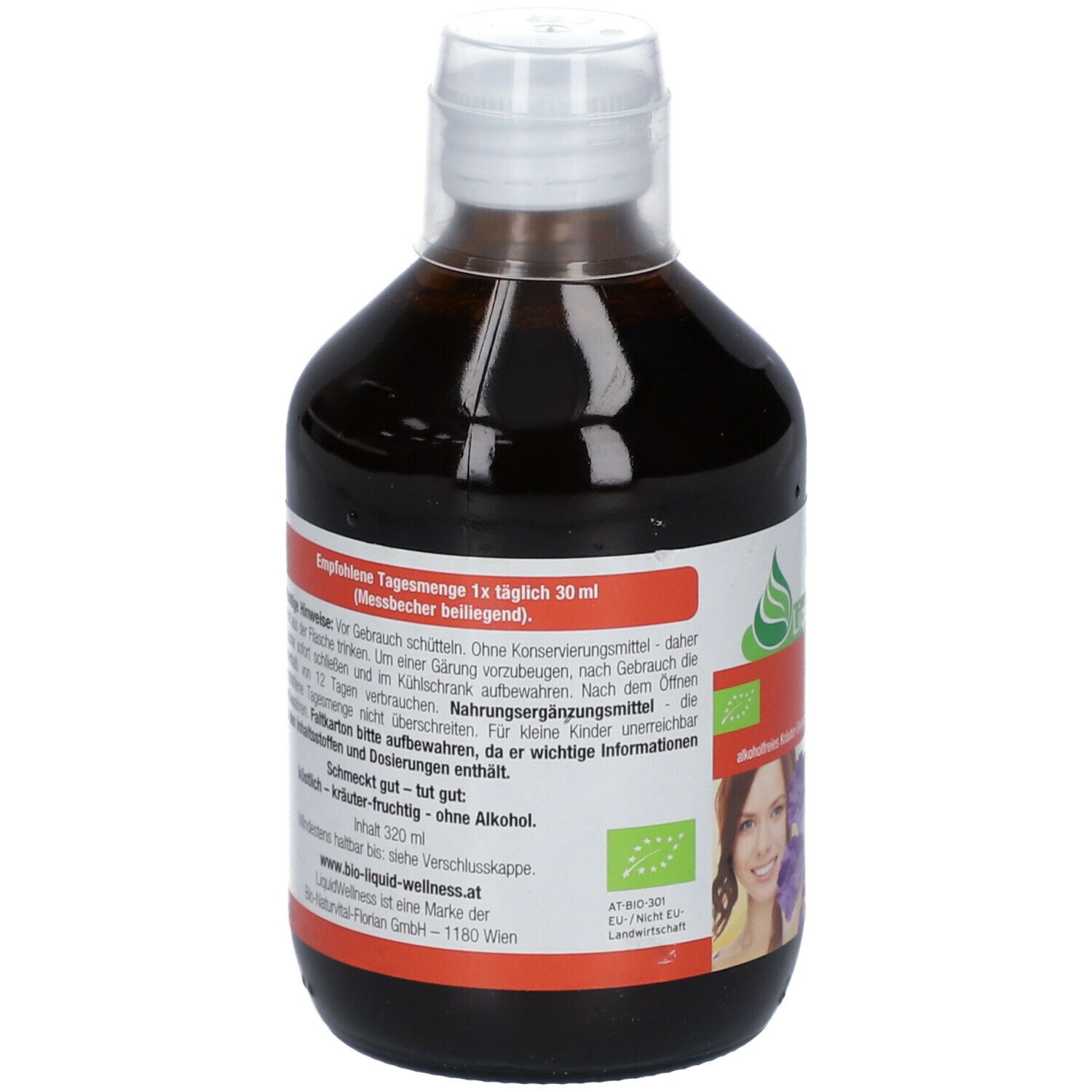 Rückseite einer Flasche mit brauner Flüssigkeit. Etikett mit Text, Bio-Siegel und einer Frau.