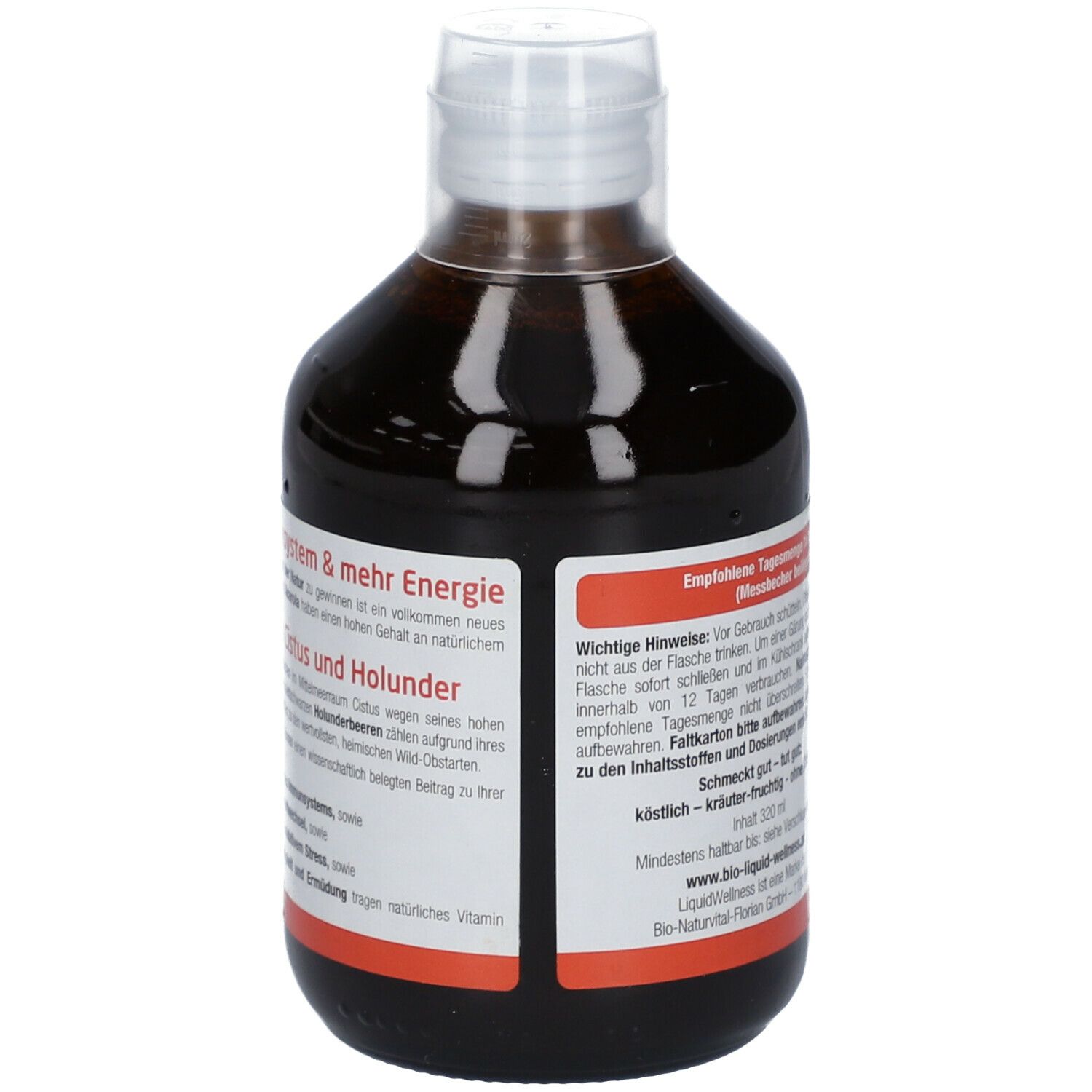 Rückseite einer Flasche mit brauner Flüssigkeit. Etikett mit Text, Bio-Siegel und einer Frau.