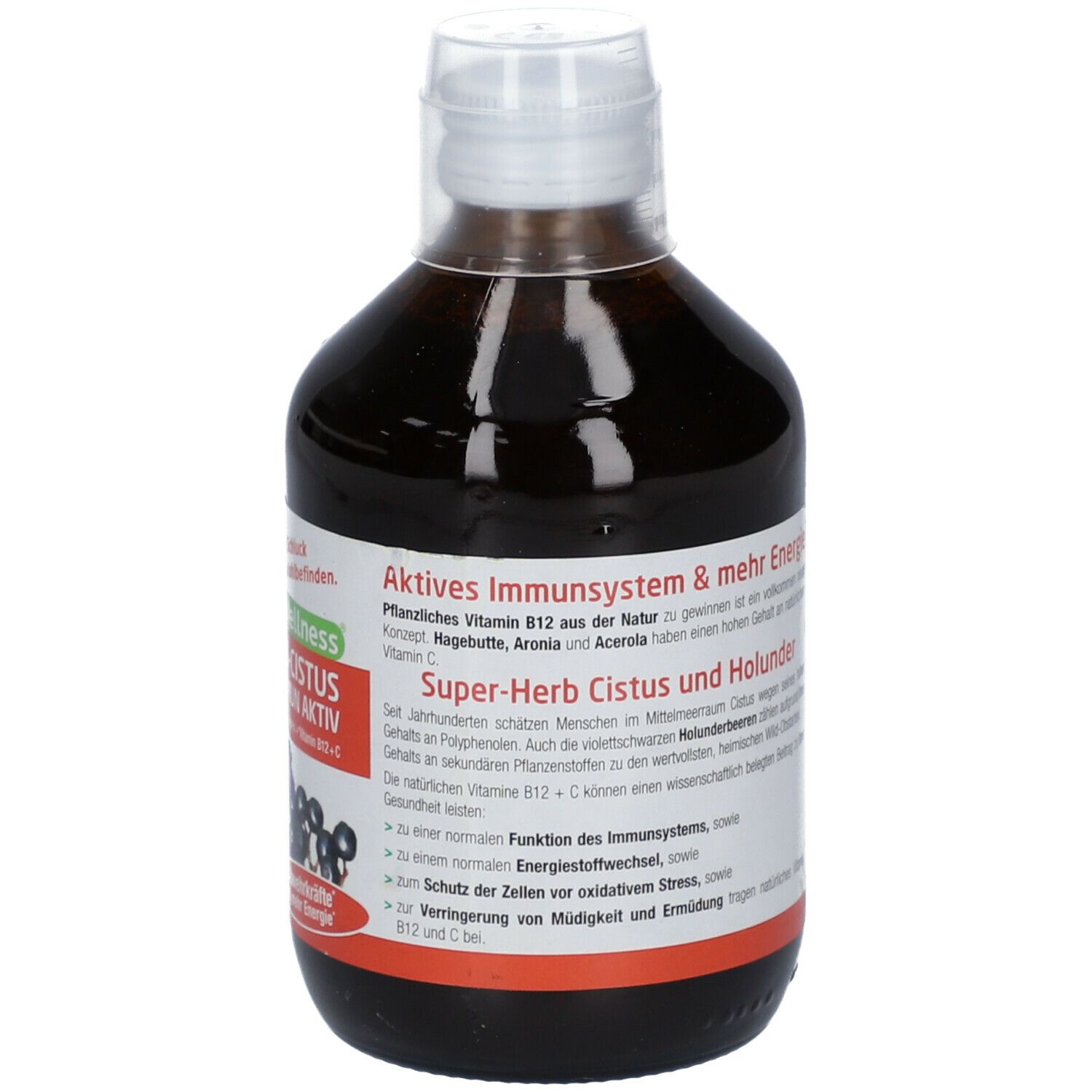 Flasche mit brauner Flüssigkeit. Etikett mit Produktnamen, Text und Illustrationen.