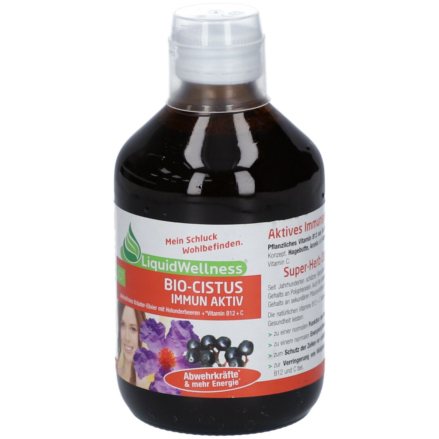 Flasche mit brauner Flüssigkeit. Etikett mit Produktnamen, Text und Illustrationen.