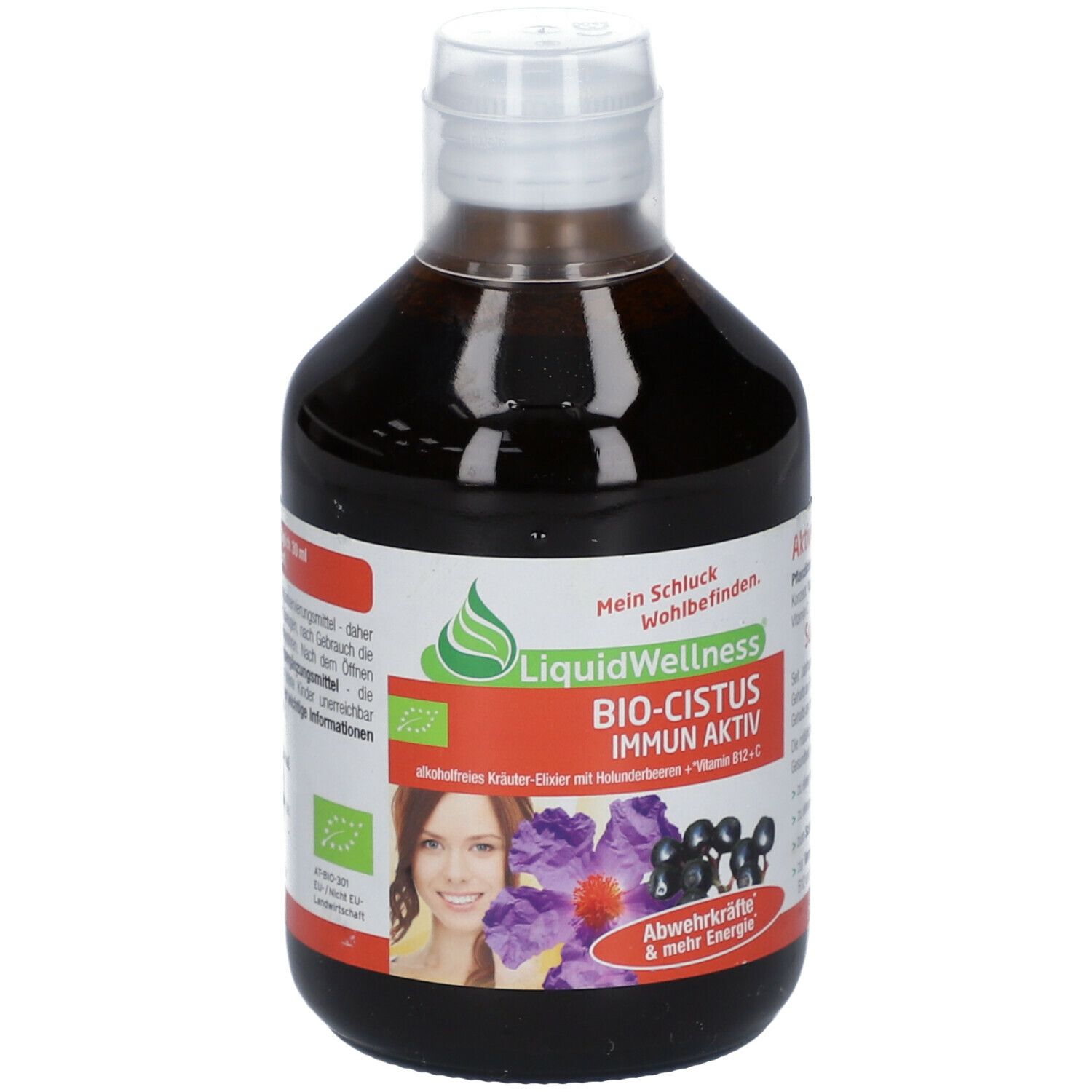 Flasche mit brauner Flüssigkeit. Etikett mit Produktnamen, Text und Illustrationen.