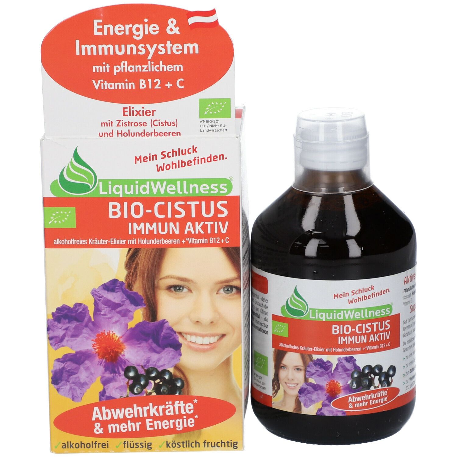 Produktflasche und Verpackung. Verpackung mit Produktnamen, Text und Illustrationen.