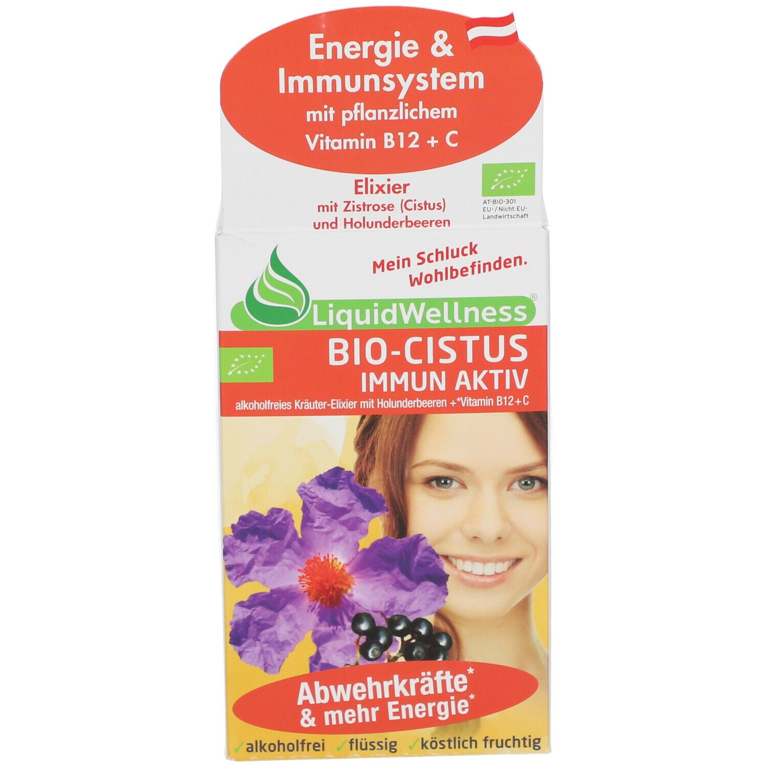 Produktverpackung mit Produktnamen, Text und Illustrationen.