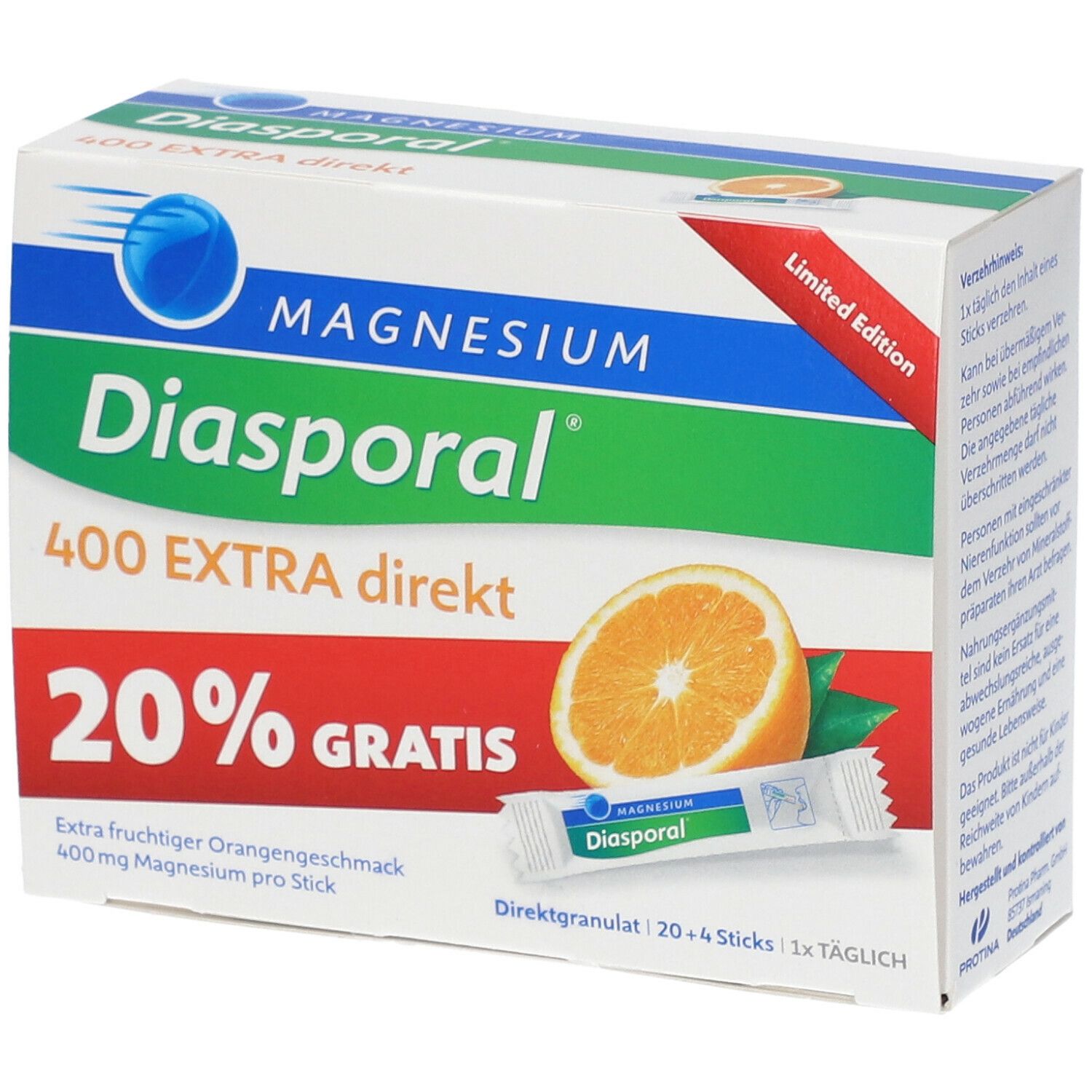 Verpackung von Magnesium Diasporal 400 EXTRA direkt. Enthält 20% gratis. Mit Orangenabbildung und Stick.