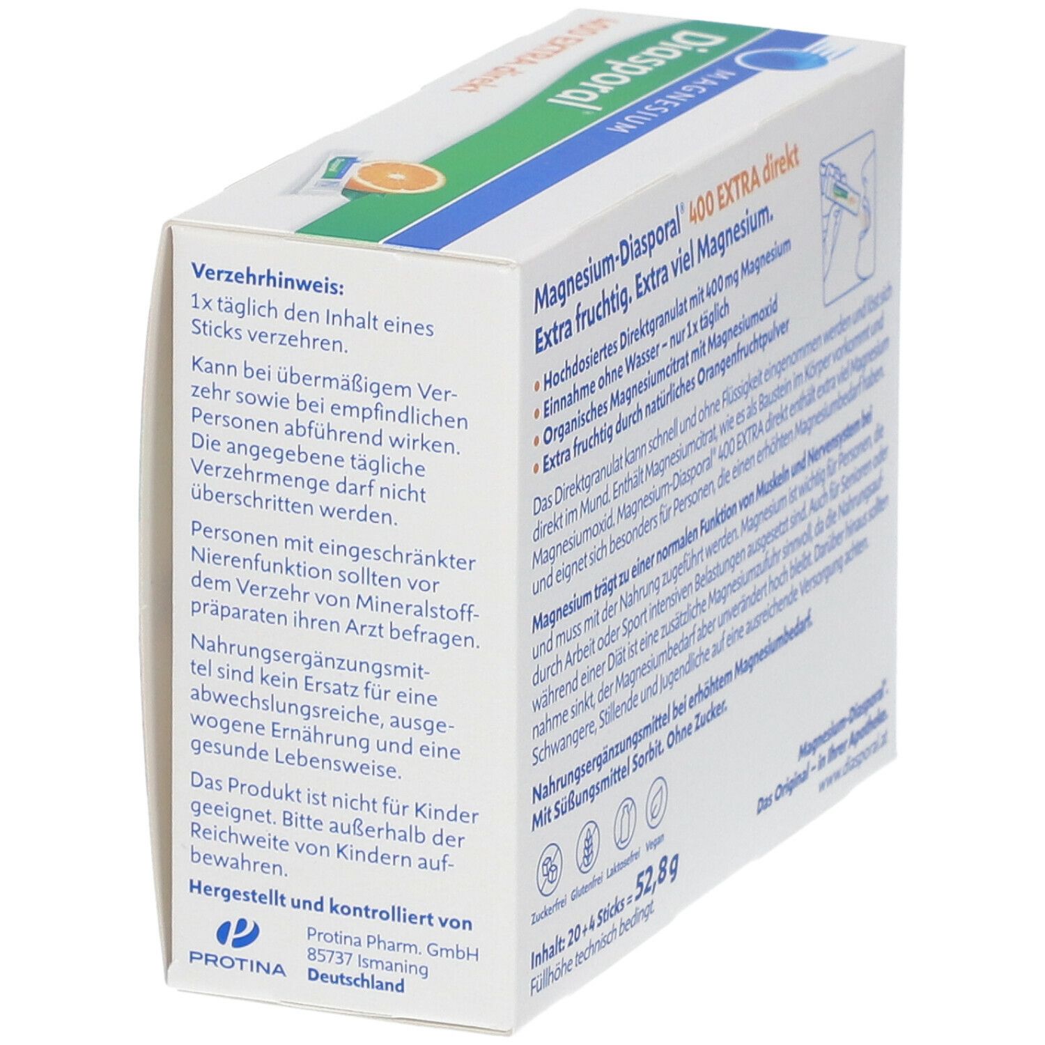 Rückseite der Verpackung von Magnesium Diasporal 400 EXTRA direkt. Text über Anwendung und Inhaltsstoffe.