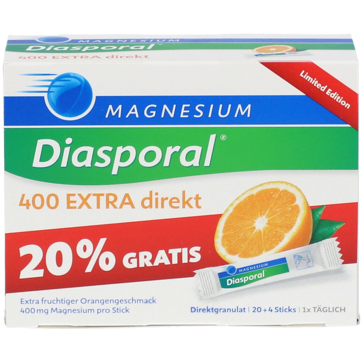 Verpackung von Magnesium Diasporal 400 EXTRA direkt. Mit Orangenabbildung und Stick. 20% gratis.