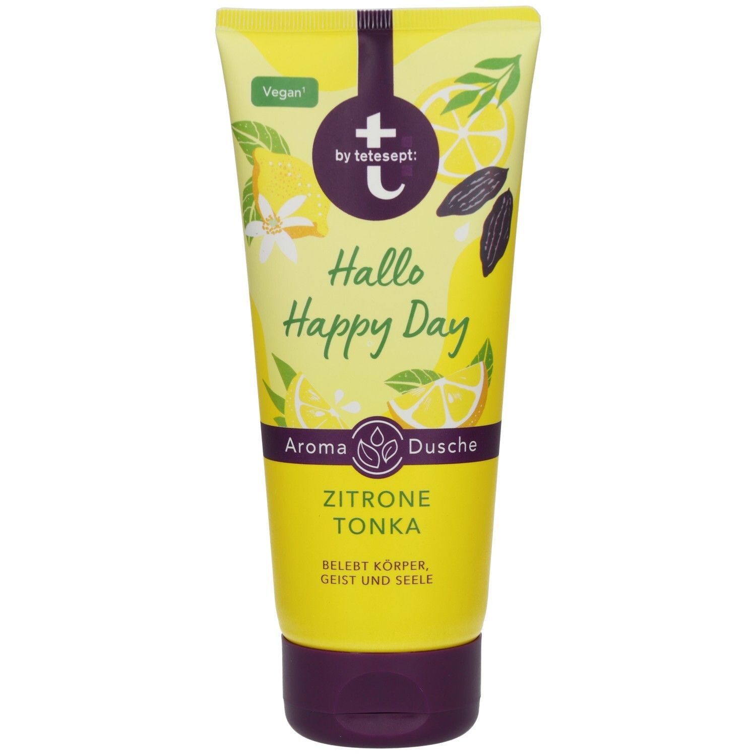 Gelbe Tube mit Produktaufdrucken. Enthält Text: Hallo Happy Day, Aroma Dusche Zitrone Tonka. Vegan-Siegel.