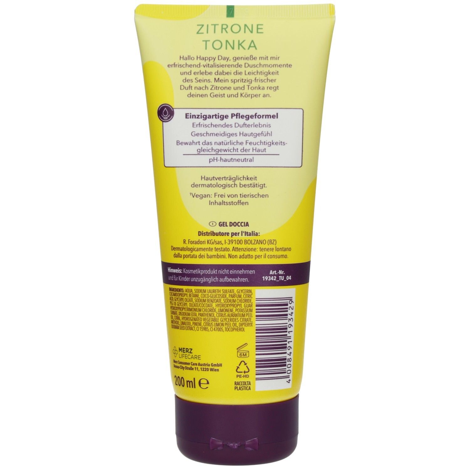 Rückseite der gelben Tube. Enthält Text: Zitrone Tonka, einzigartige Pflegeformel, pH-neutral. Inhaltsstoffe.