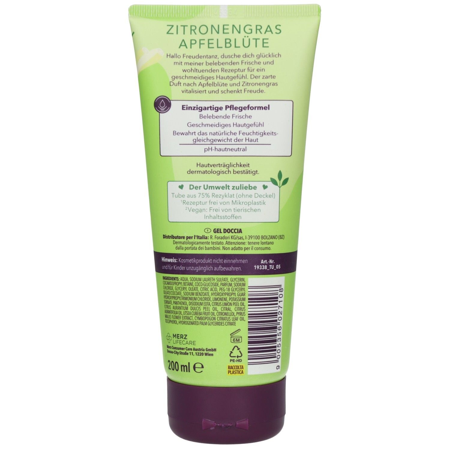 Rückseite der grünen Tube. Text: Zitrone, Apfelblüte. Logo: t by tetesept. Inhaltsstoffe und weitere Informationen.