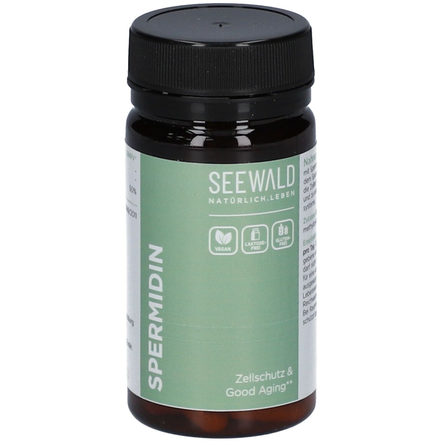 Braune Tabletten in einer Flasche mit schwarzem Deckel. Aufschrift: SEEWALD, Spermidin, vegan, laktosefrei, glutenfrei.