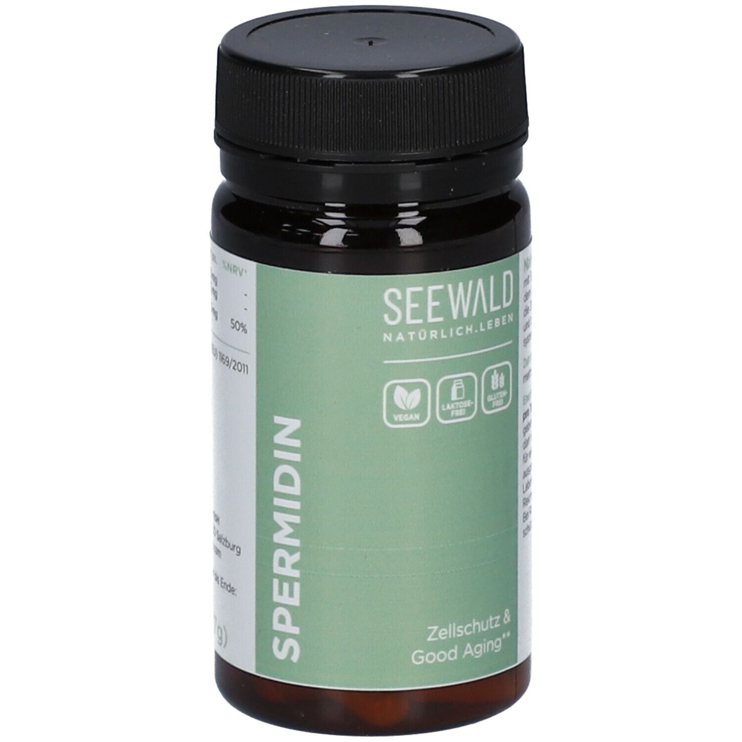 Braune Tablettenflasche mit schwarzem Deckel. Aufschrift: SEEWALD, Spermidin, vegan, laktosefrei, glutenfrei, Zellschutz & Good Aging.