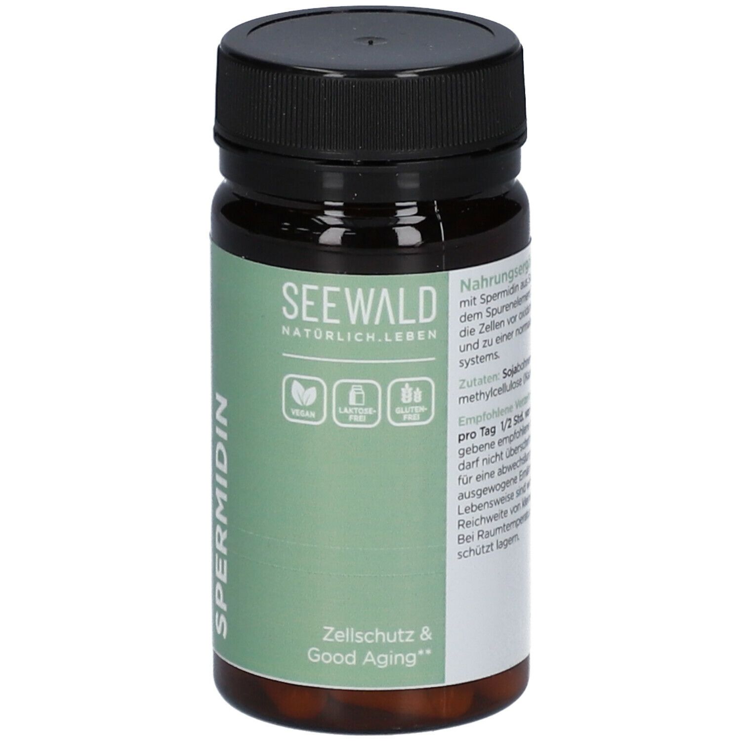 Braune Tablettenflasche mit schwarzem Deckel. Aufschrift: SEEWALD, Spermidin, vegan, laktosefrei, glutenfrei, Zellschutz & Good Aging.