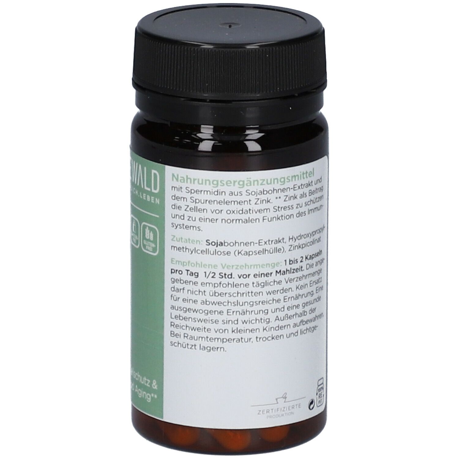 Braune Tablettenflasche mit schwarzem Deckel. Aufschrift: SEEWALD, Nahrungsergänzungsmittel. Enthält Sojabohnen-Extrakt, Zink.