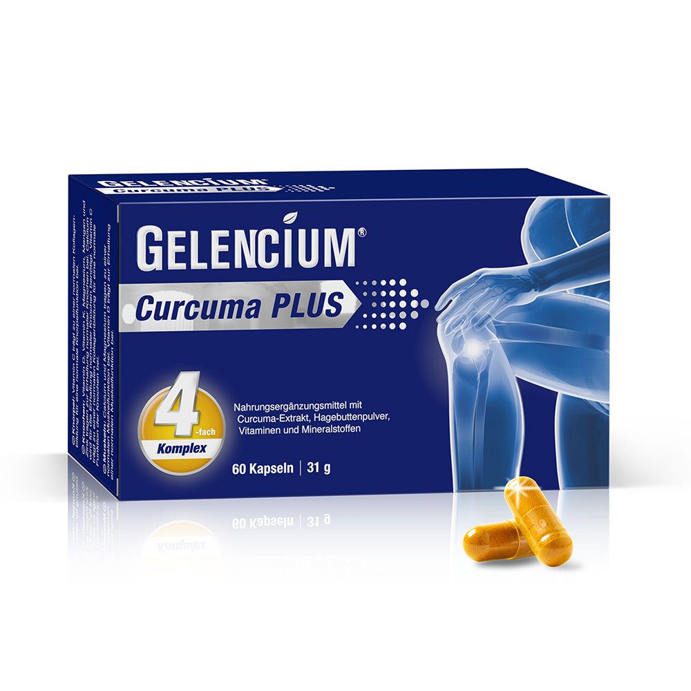Blau-weiße Schachtel mit GELENCIUM® Curcuma PLUS. 60 Kapseln. Zwei Kapseln liegen daneben.