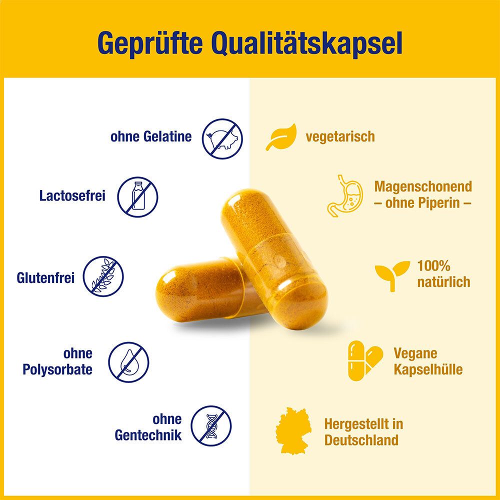 Zwei Kapseln. Ohne Gelatine, laktosefrei, glutenfrei, ohne Polysorbate, ohne Gentechnik. Vegetarisch.