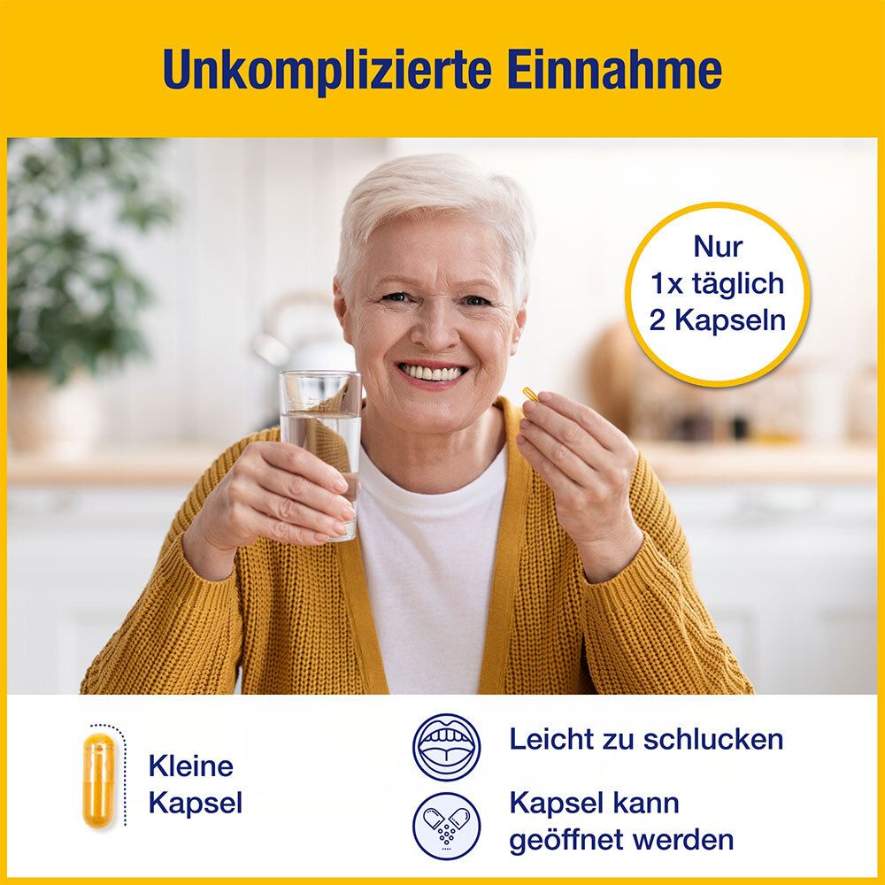 Ältere Frau nimmt Kapsel mit Wasser. Kleine Kapsel, leicht zu schlucken. Kapsel kann geöffnet werden.