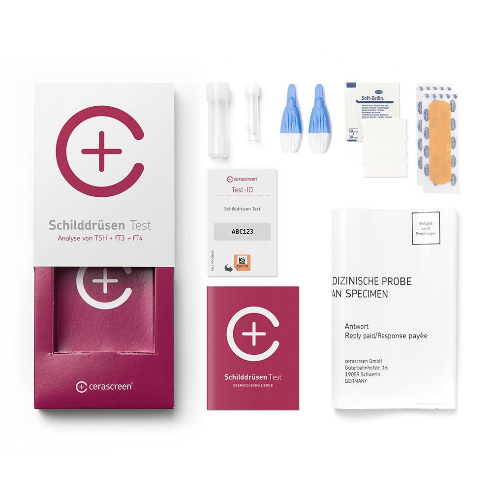 Inhalt des Schilddrüsen Test-Kits. Teströhrchen, Lanzetten, Pflaster, Test-ID-Karte, Gebrauchsanweisung und Antwortbrief.