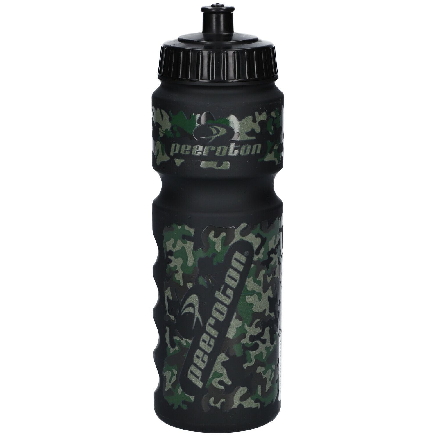 Schwarze Trinkflasche mit Camouflage-Muster und Griffmulden. Mit dem Logo peeroton.