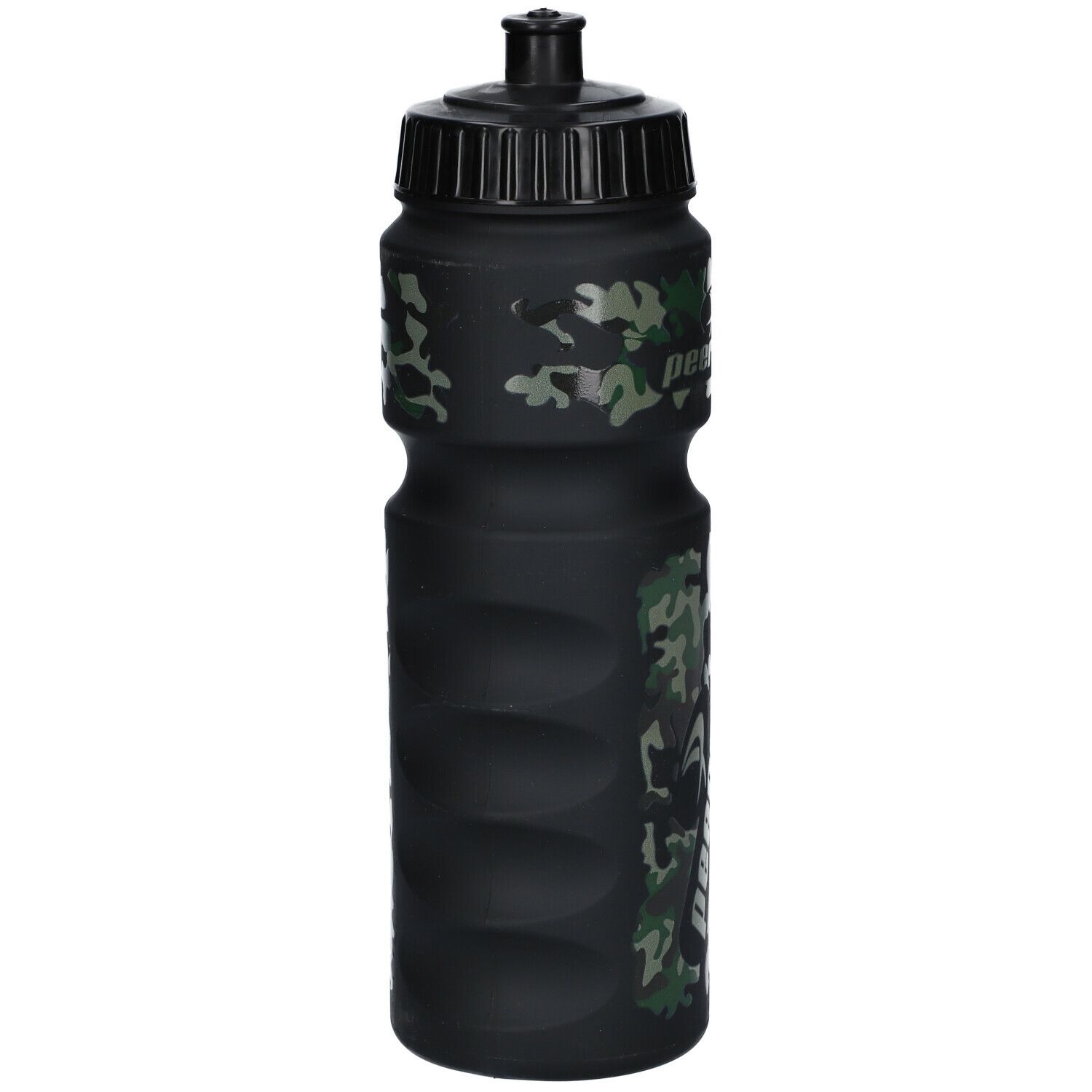 Schwarze Trinkflasche mit Camouflage-Muster und Griffmulden. Mit dem Logo peeroton.