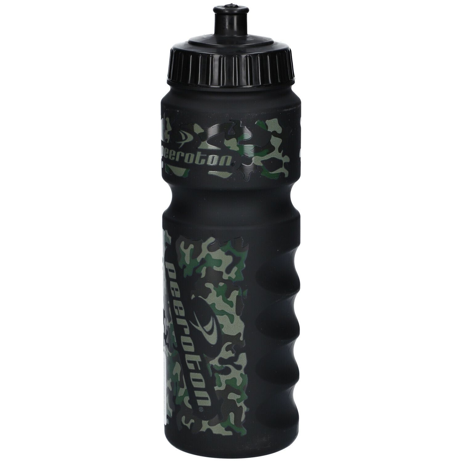 Schwarze Trinkflasche mit Camouflage-Muster und Griffmulden. Mit dem Logo peeroton.