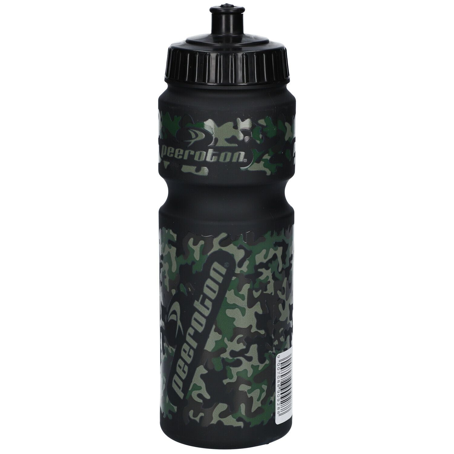 Schwarze Trinkflasche mit Camouflage-Muster und Griffmulden. Mit dem Logo peeroton.