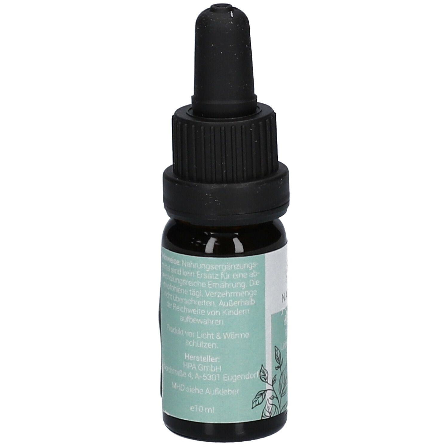 Braune Glasflasche mit schwarzem Tropfer. Etikett mit Text. SIR NATURE, RELAX, Lavendel, 10% CBD. Pflanzliche Illustration.