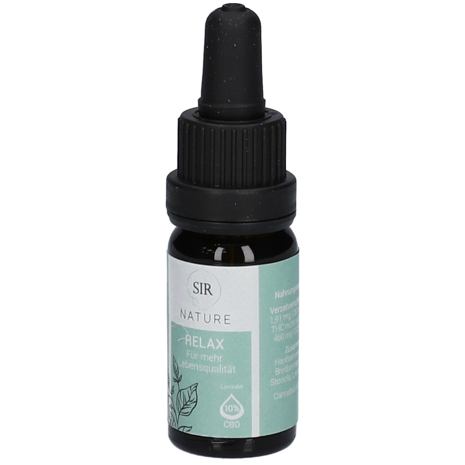 Braune Glasflasche mit schwarzem Tropfer. Etikett mit Text. SIR NATURE, RELAX, Lavendel, 10% CBD. Pflanzliche Illustration.