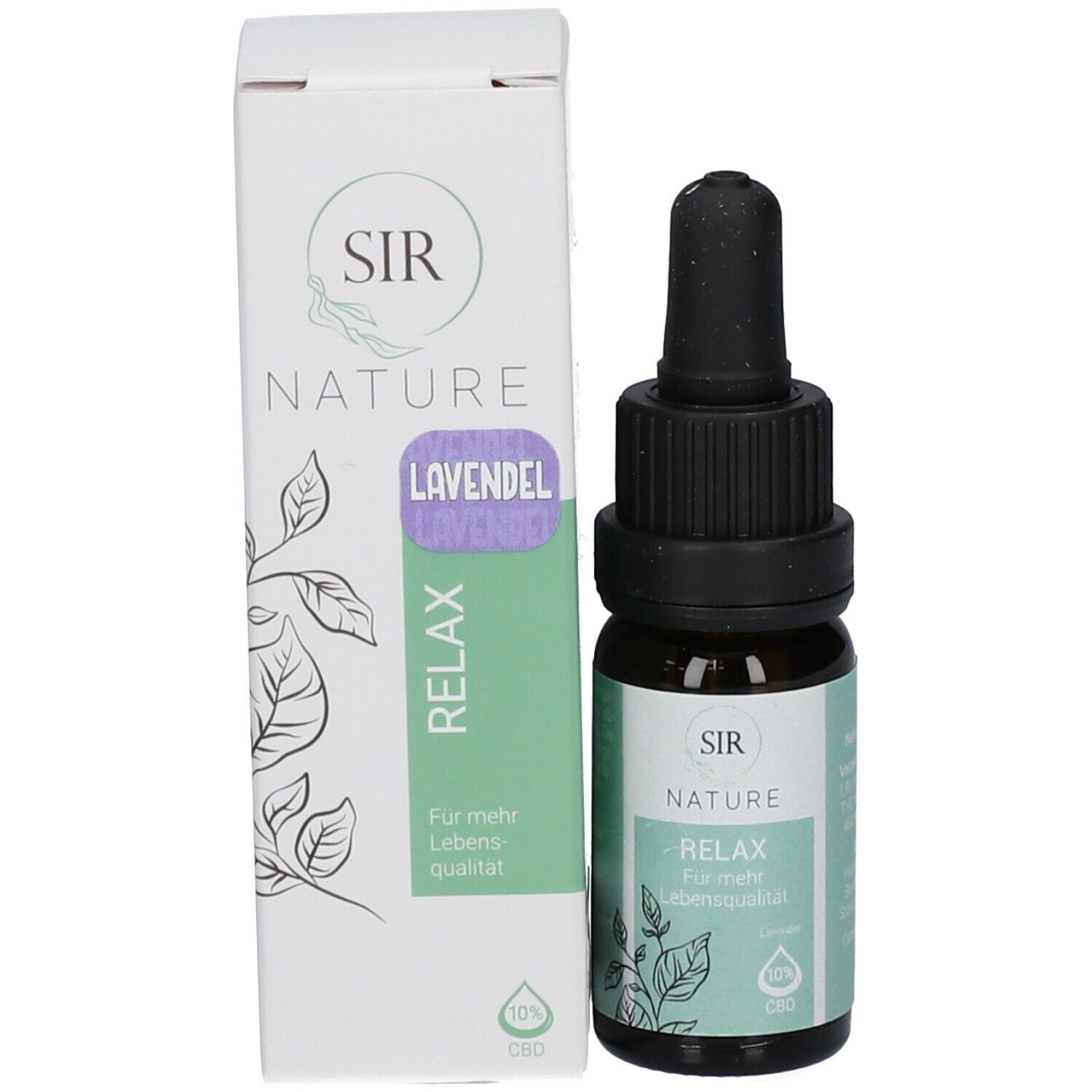 Produktflasche und Verpackung. Flasche mit schwarzem Tropfer. Verpackung mit SIR NATURE, Lavendel, RELAX, 10% CBD.