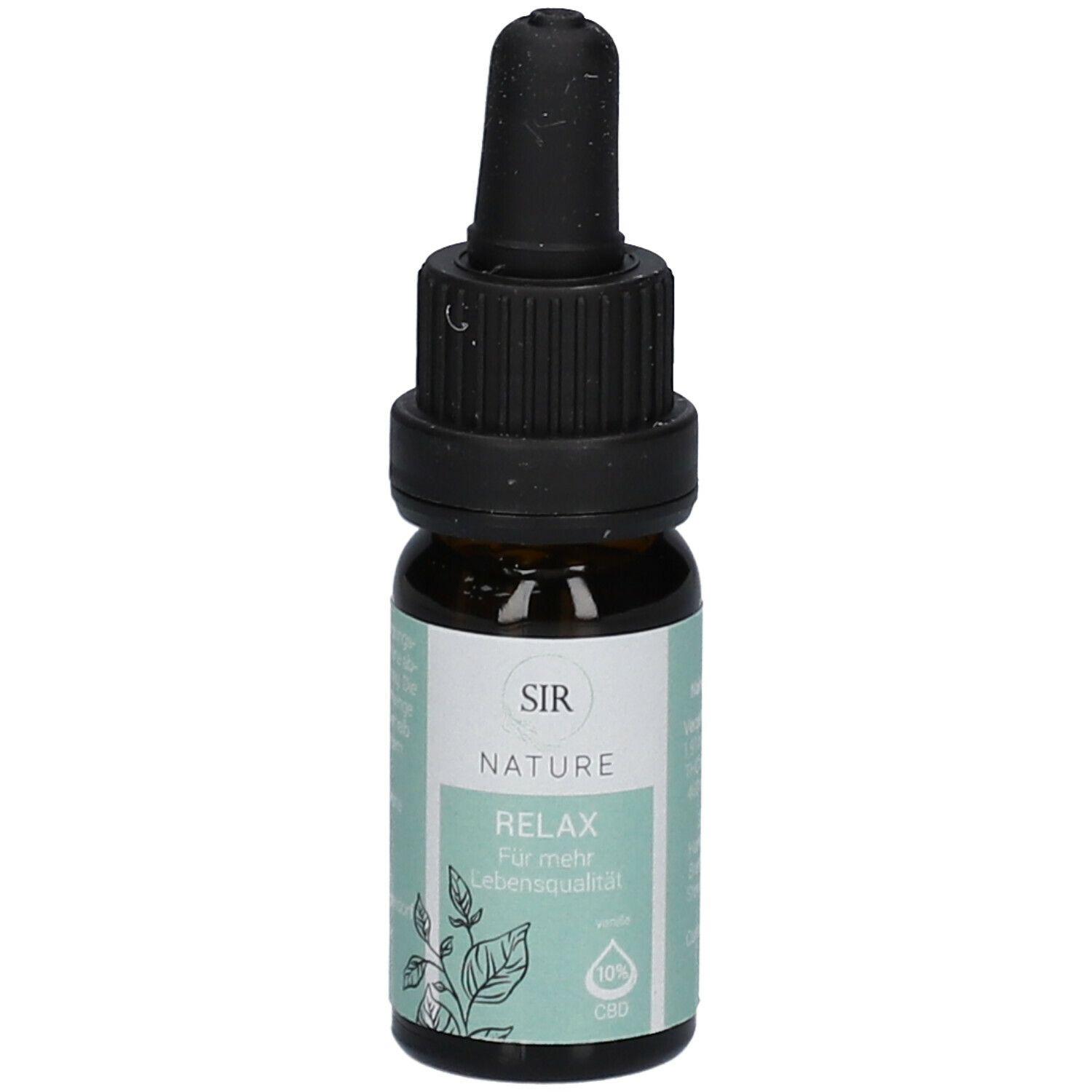 Braune Glasflasche mit schwarzem Tropfer. Aufschrift: SIR NATURE Relax Vanille 10 % CBD. Grün-weiße Etiketten.