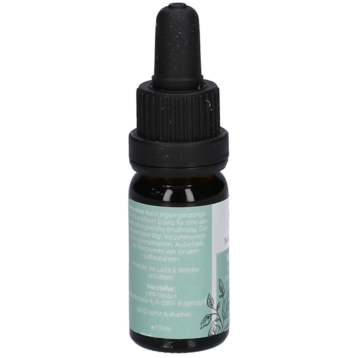 Braune Glasflasche mit schwarzem Tropfer. Grün-weißes Etikett mit Text. Aufschrift: SIR NATURE Relax Vanille 10 % CBD.