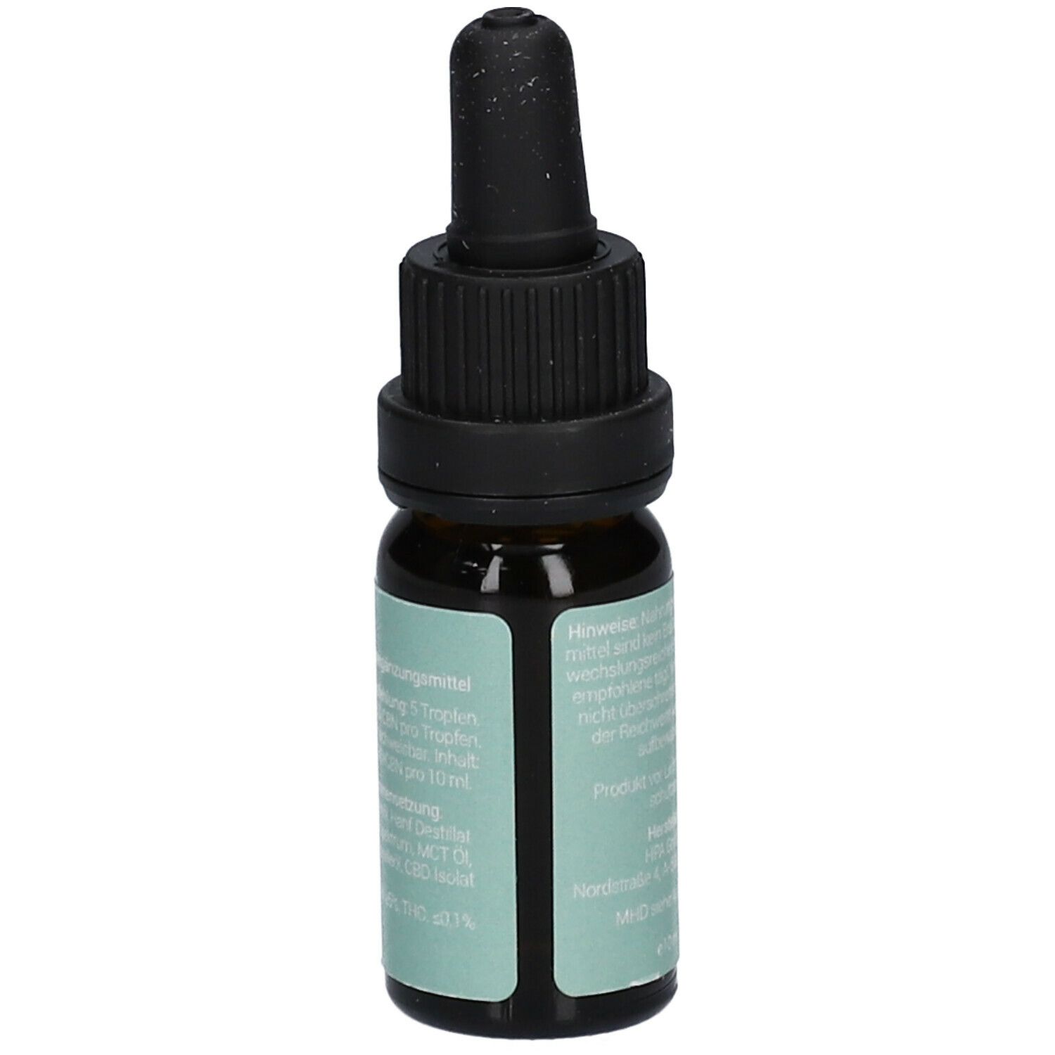 Braune Glasflasche mit schwarzem Tropfer. Grün-weißes Etikett mit Text. Aufschrift: SIR NATURE Relax Vanille 10 % CBD.