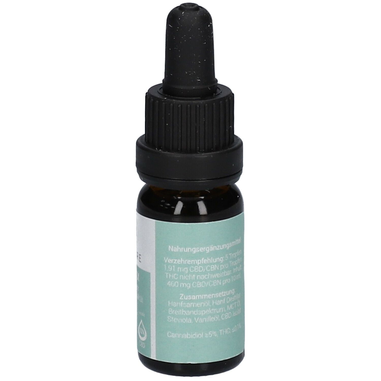 Braune Glasflasche mit schwarzem Tropfer. Grün-weißes Etikett mit Text. Aufschrift: SIR NATURE Relax Vanille 10 % CBD.