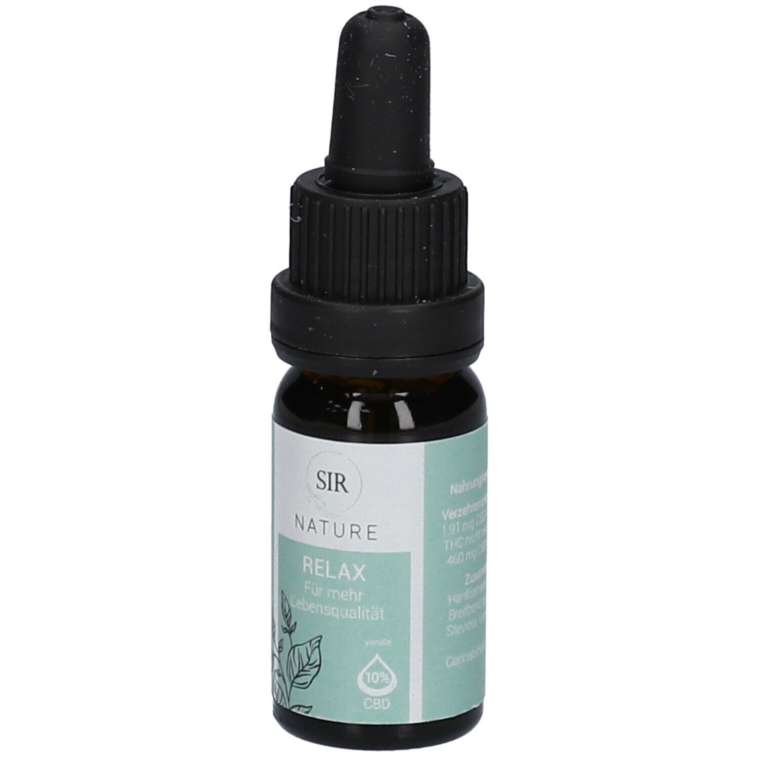 Braune Glasflasche mit schwarzem Tropfer. Grün-weißes Etikett mit Text. Aufschrift: SIR NATURE Relax Vanille 10 % CBD.