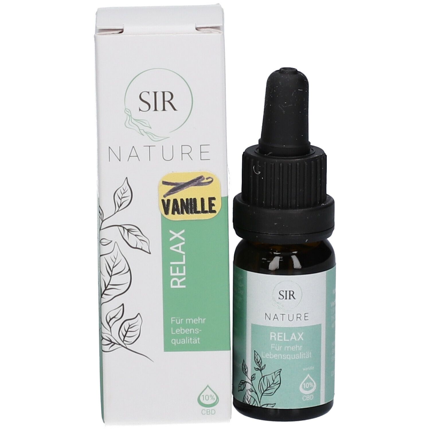 Produkt SIR NATURE Relax Vanille 10 % CBD mit Verpackung. Weiße Schachtel mit Produktabbildung und Text.