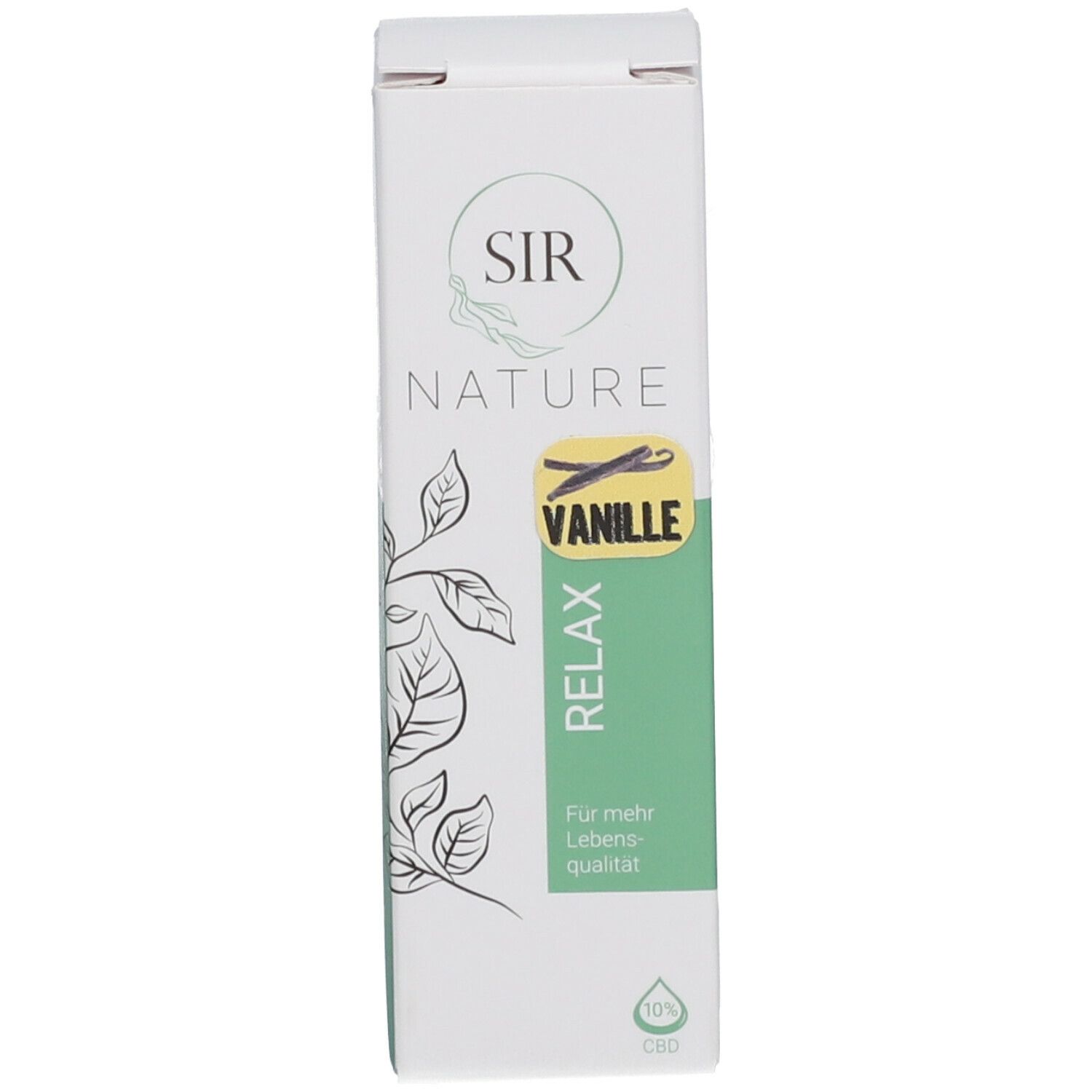 Verpackung von SIR NATURE Relax Vanille 10 % CBD. Weiße Schachtel mit Produktabbildung und Text.