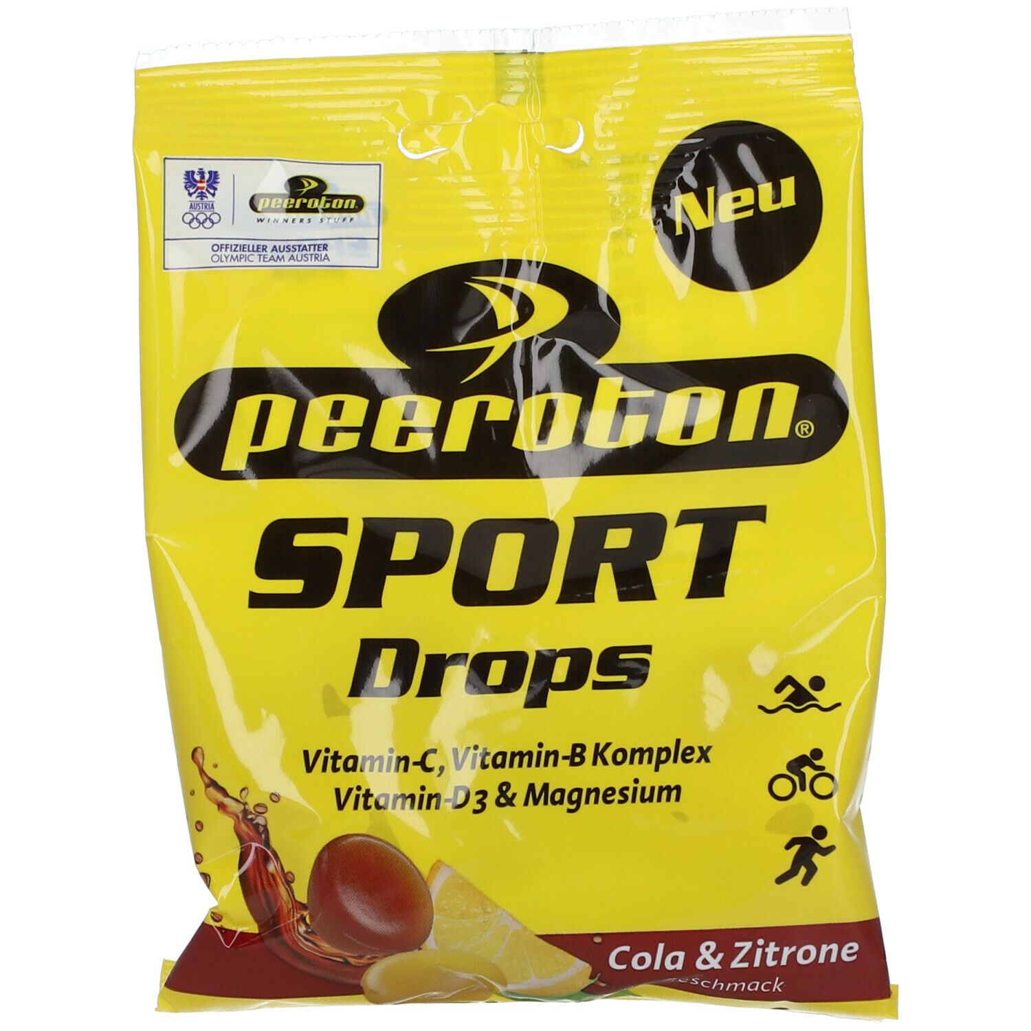 Gelbe Tüte mit peeroton Sport Drops. Aufschrift: Cola & Zitrone. Enthält Vitamin C, B-Komplex, D3 & Magnesium. Mit Logo und dem Hinweis "Neu".