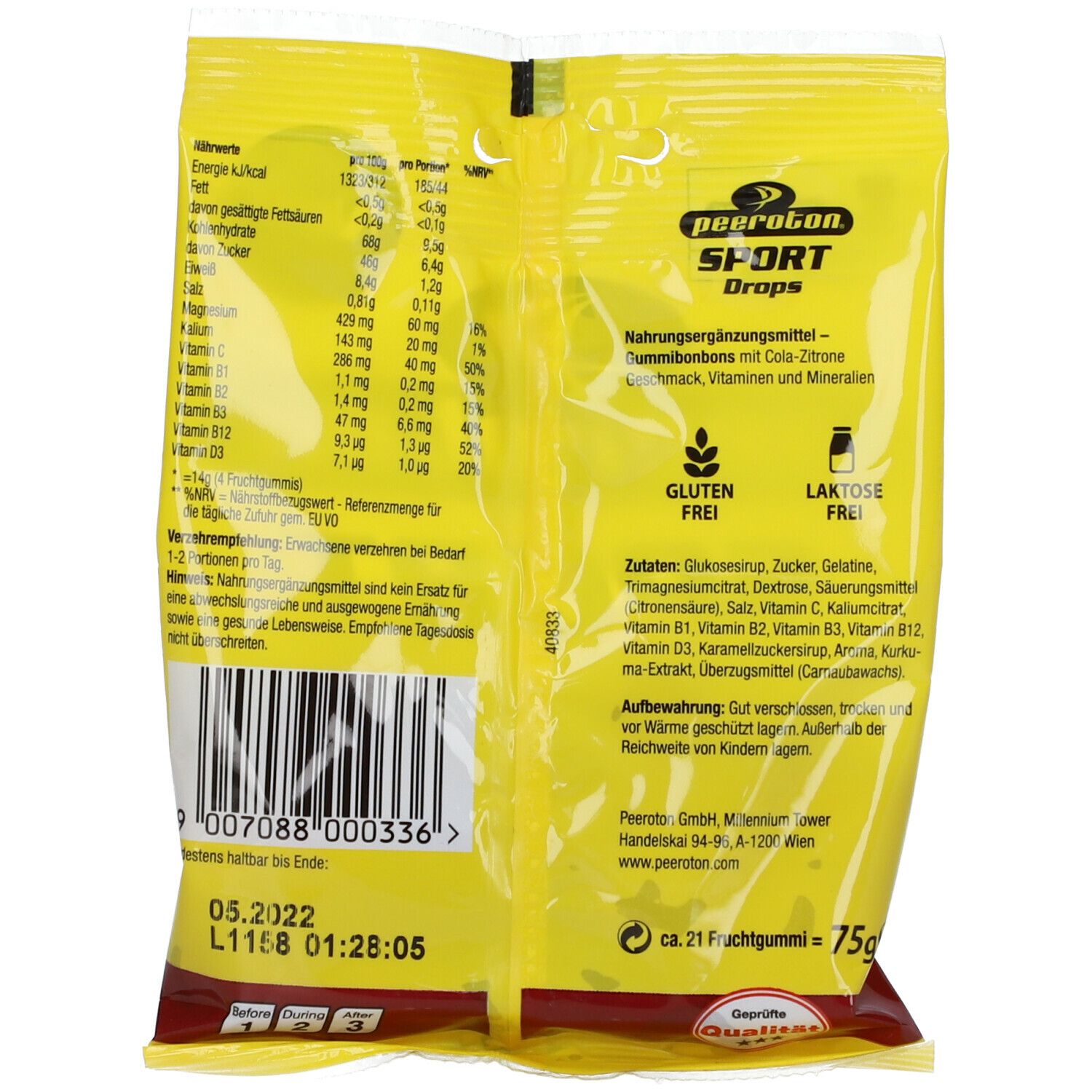 Rückseite der peeroton Sport Drops-Verpackung. Enthält Nährwertangaben, Zutatenliste, Glutenfrei- und Laktosefrei-Symbole. Mit Logo und Herstelleradresse.