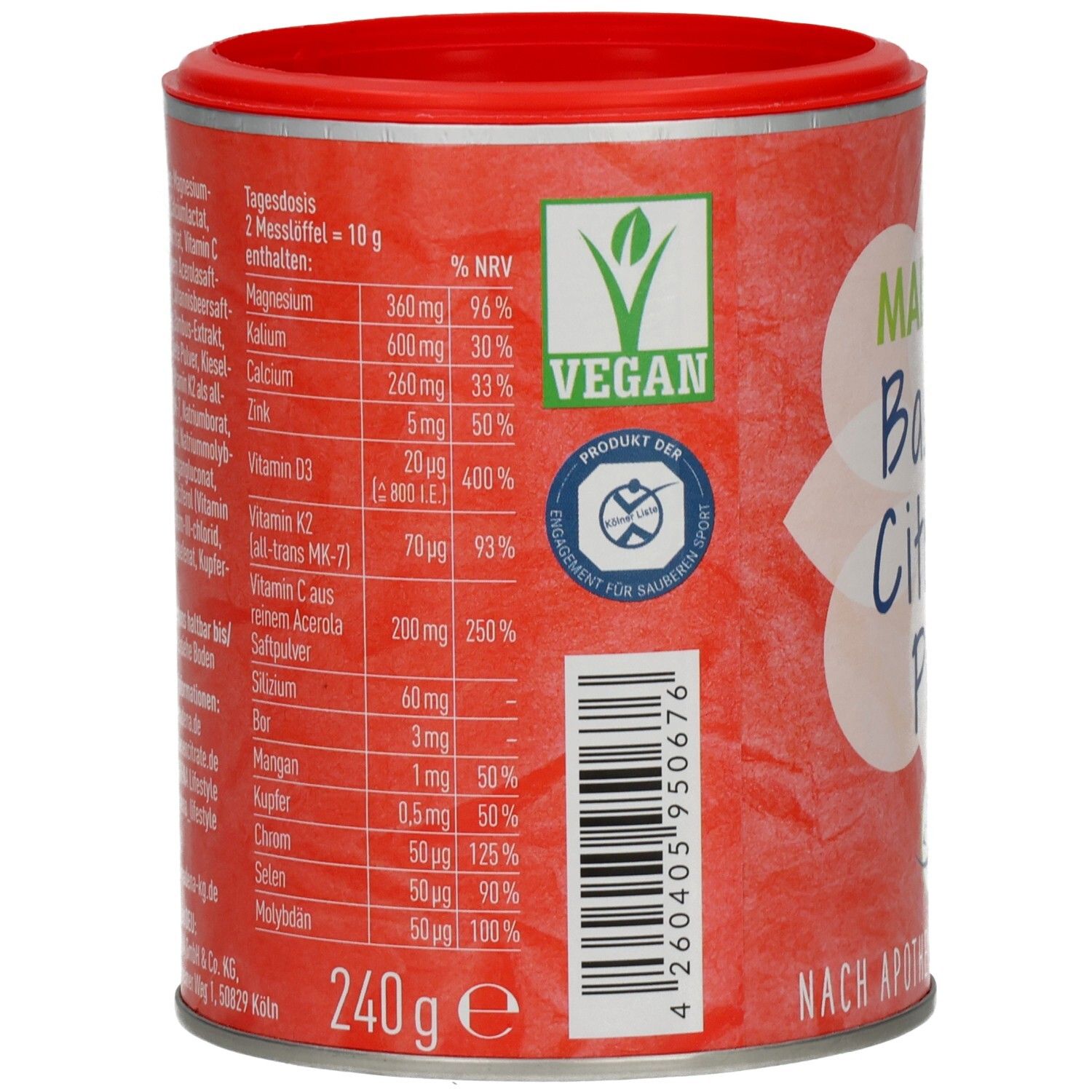 Rückseite der Dose. Enthält Nährwertangaben. Vegan-Siegel. Produkt der Sauberkeit im Sport.