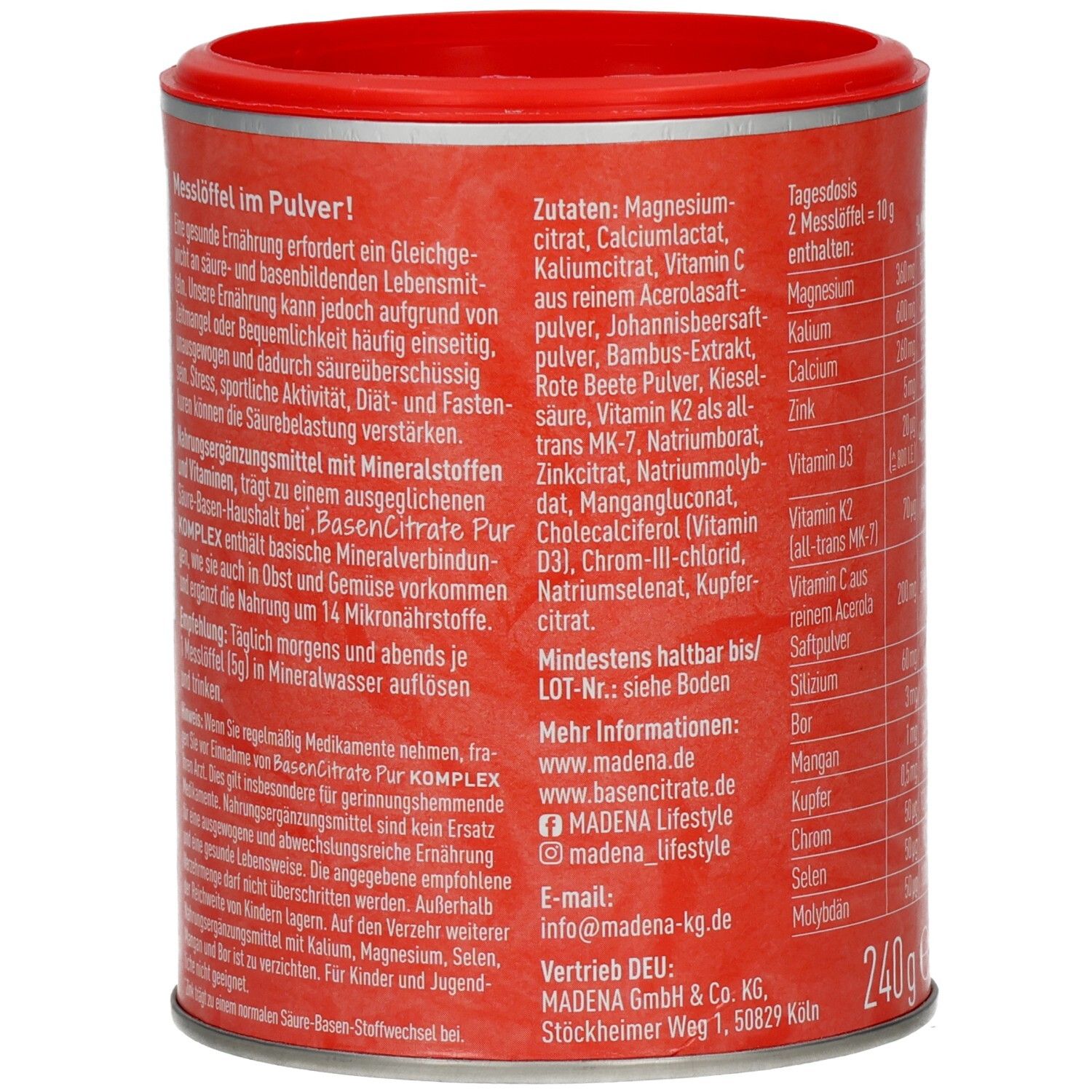 Rote Dose mit Deckel. Text: Zutaten, Nährwertangaben, Mindesthaltbarkeit, Kontaktinformationen.